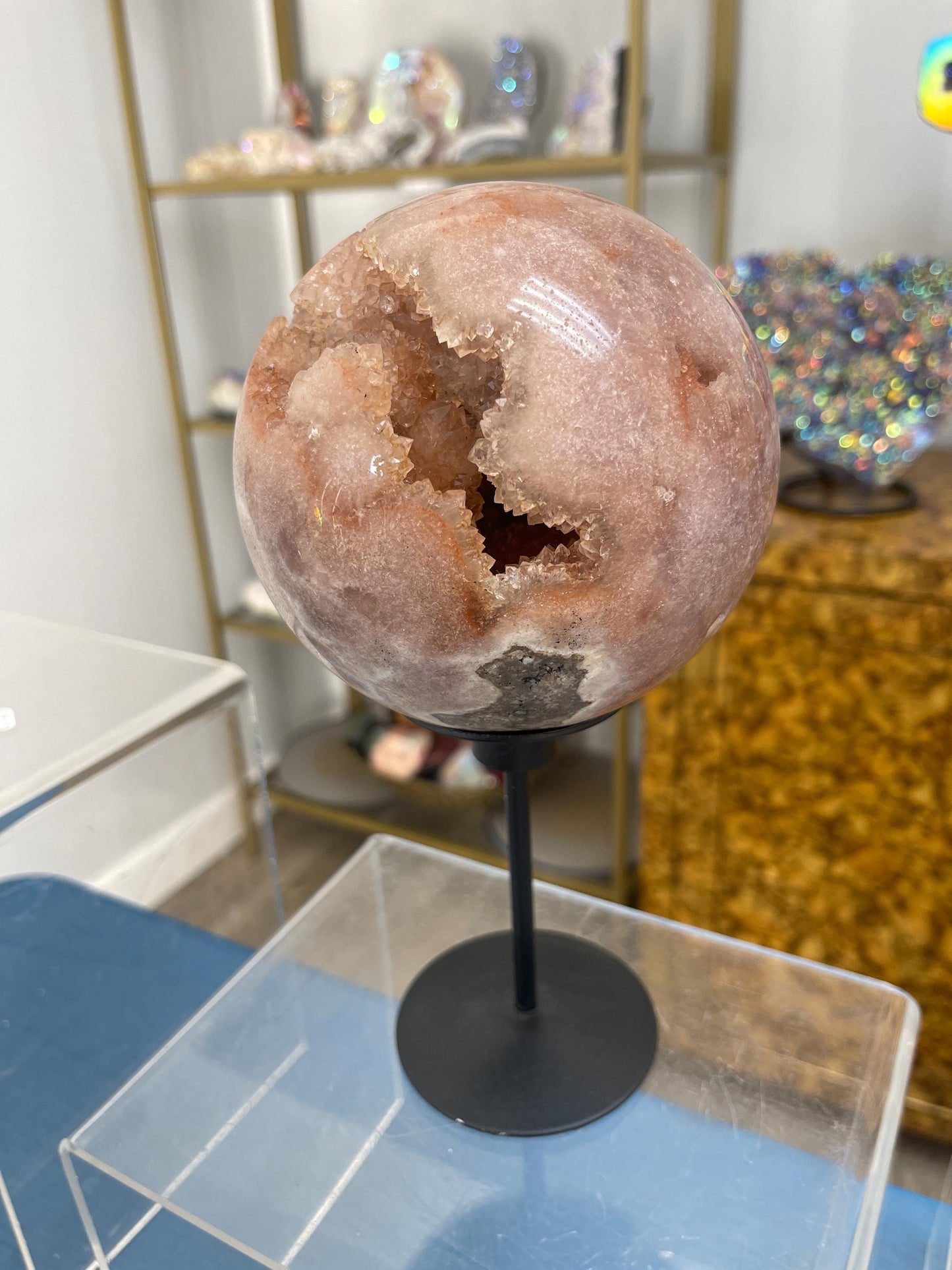 Large Pink Amethyst Sphere on Spinning Stand: Heart Healing Crystal Decor