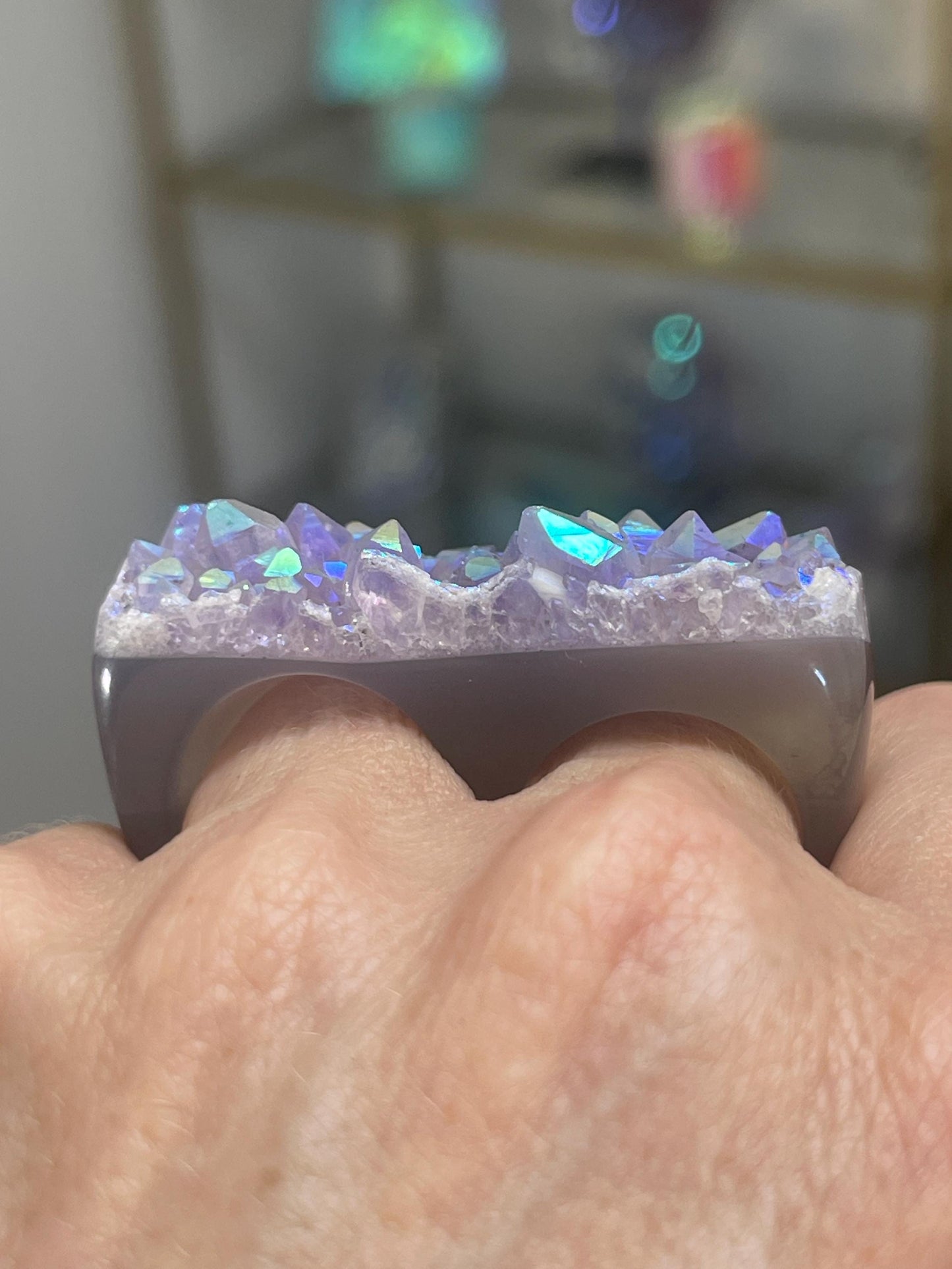 Size 7/7.5 Angel Aura Amethyst Statement Ring: Carved Stone Chunky Band