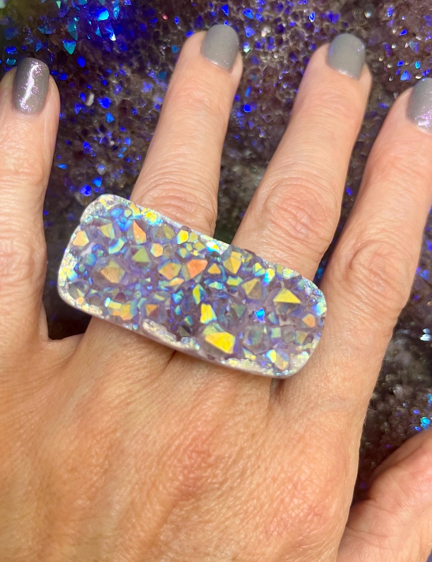 Size 7/7.5 Angel Aura Amethyst Statement Ring: Carved Stone Chunky Band