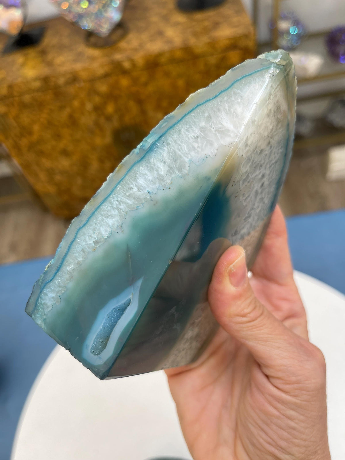 Teal Agate Bookends: Druzy Crystal Gemstone Home Decor