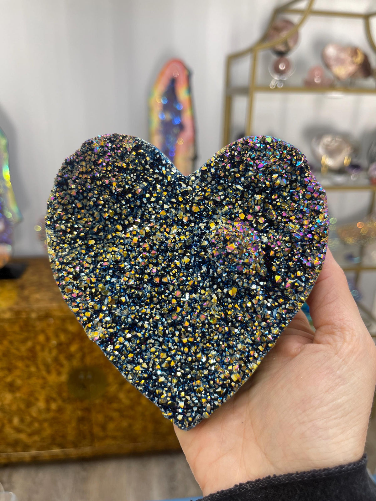 Titanium Aura Amethyst Heart: Rainbow Quartz Crystal Decor (5" x 5.25")