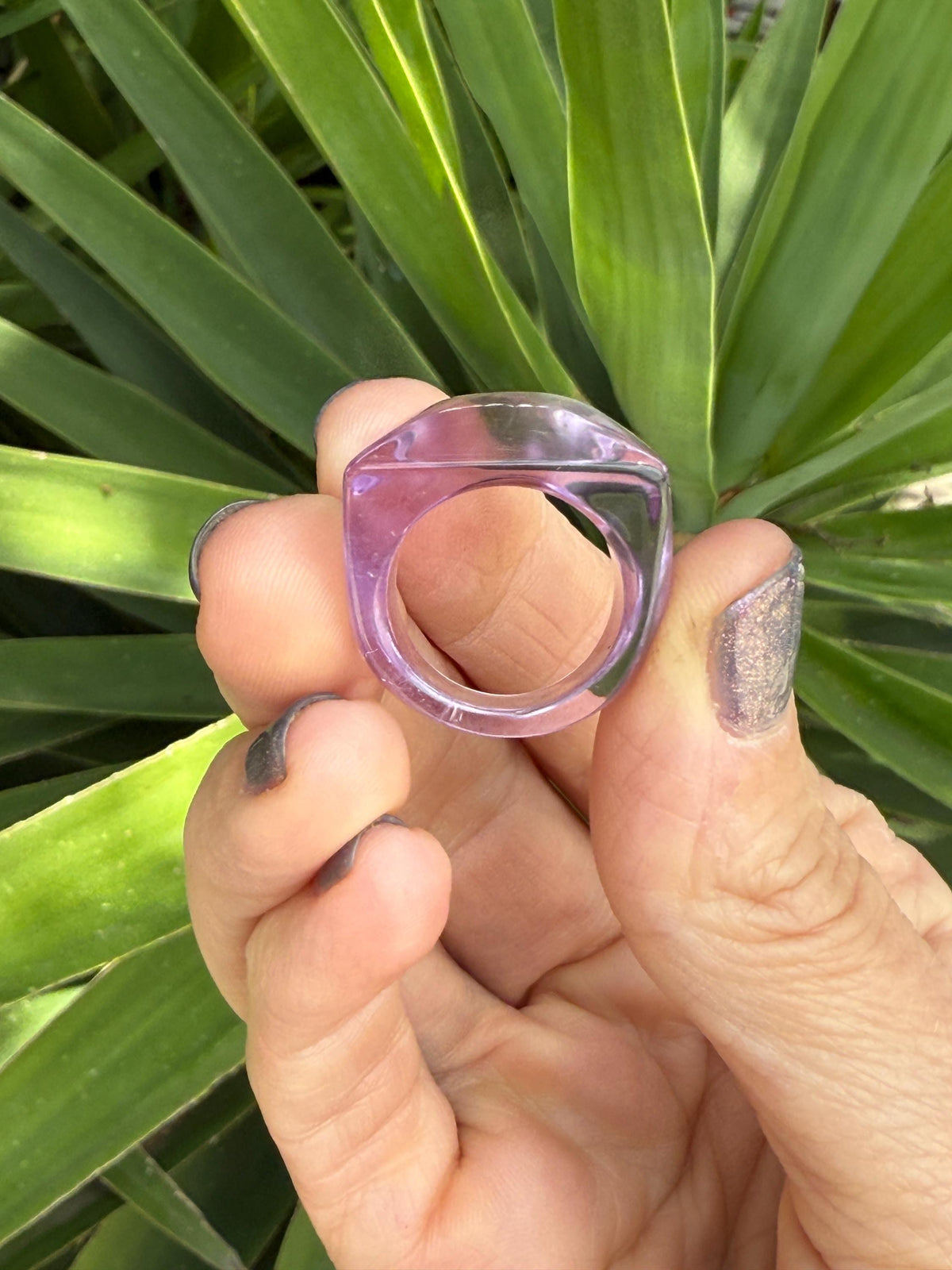 Carved Amethyst Statement Ring, Polished Crystal, Size 6.75