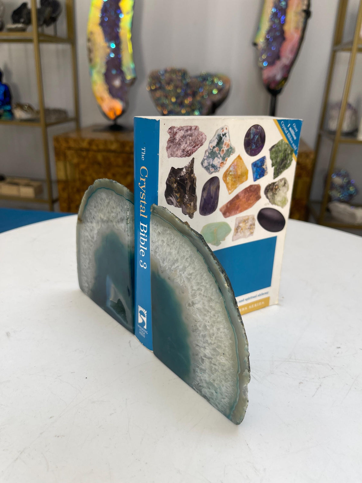Teal Agate Bookends: Druzy Crystal Gemstone Home Decor