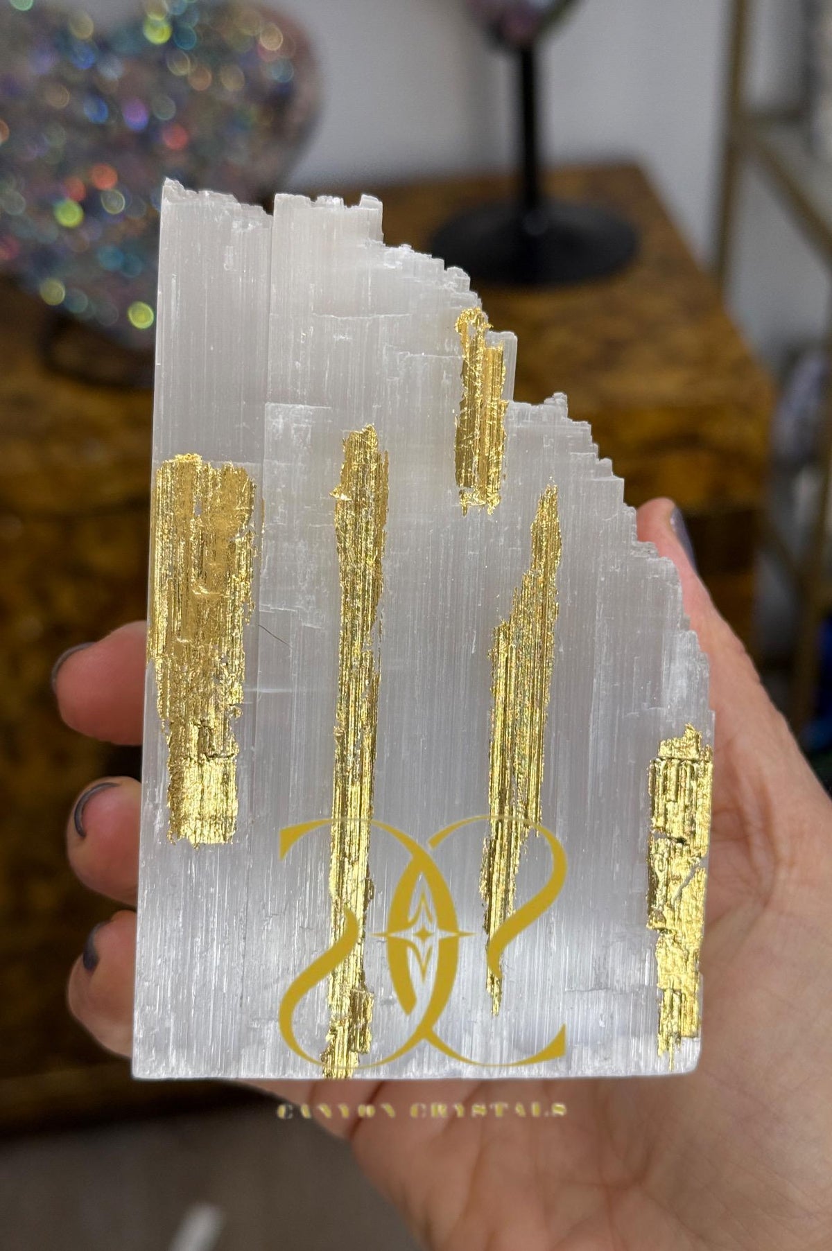 Custom Gold Leaf Selenite Bookends: Art Deco Library Decor