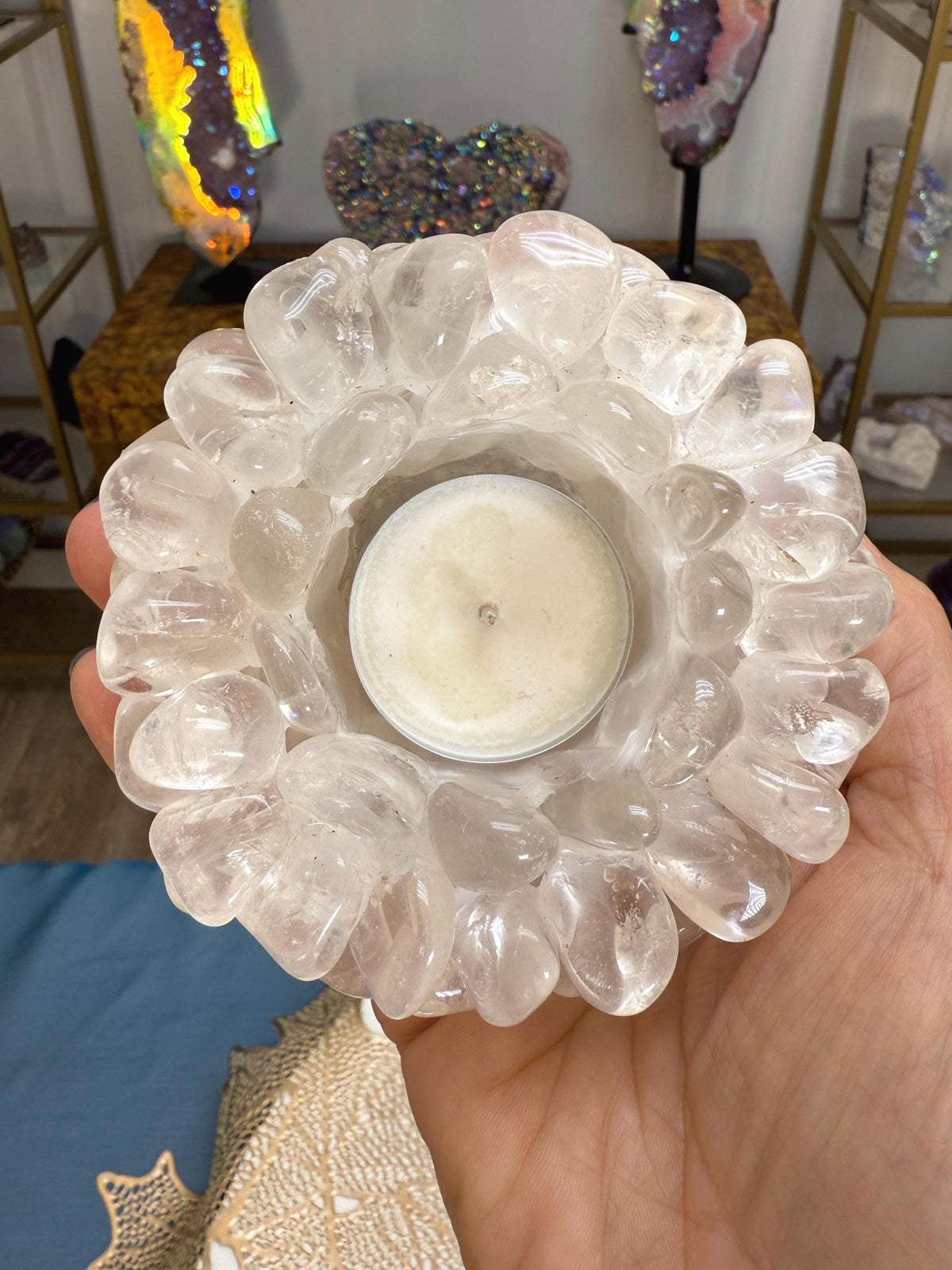 Quartz Crystal Candle Holder: Tumbled Gemstone Tea Light, Air Plant Decor