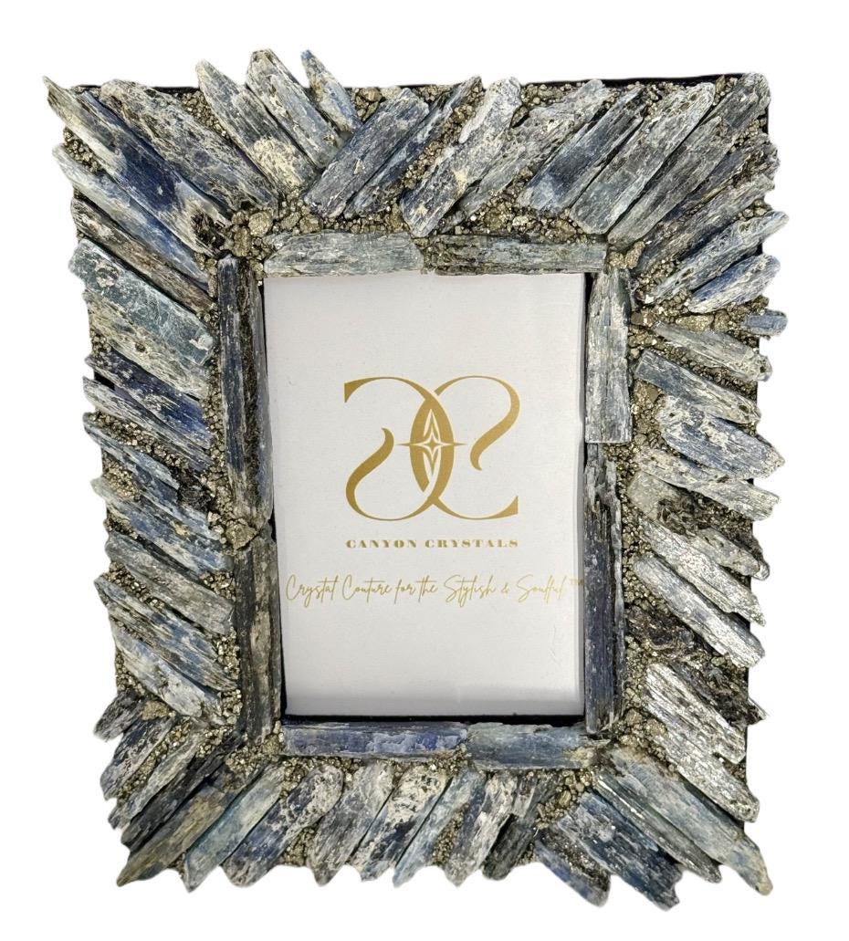 Luxury Home Decor, Kyanite and Pyrite Picture Frame, Exclusive Kyanite Picture Frame, Crystal Photo Frame, Wedding Gift, Something Blue
