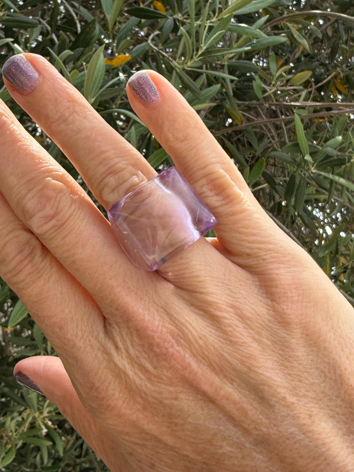 Carved Amethyst Statement Ring, Polished Crystal, Size 6.75