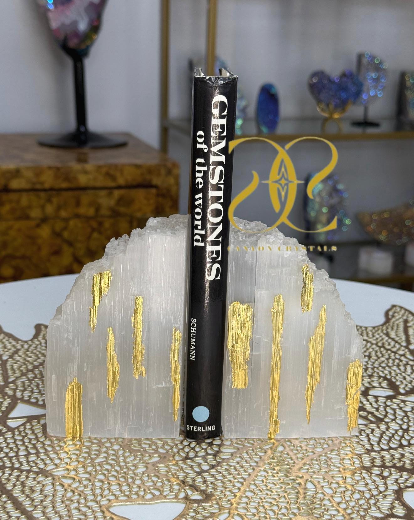 Elegant Gold Leaf Selenite Bookends, Gold Art Deco Bookends, Unique Library Decor, Art Deco Gold and White Decor, Elegant Wedding Gift idea