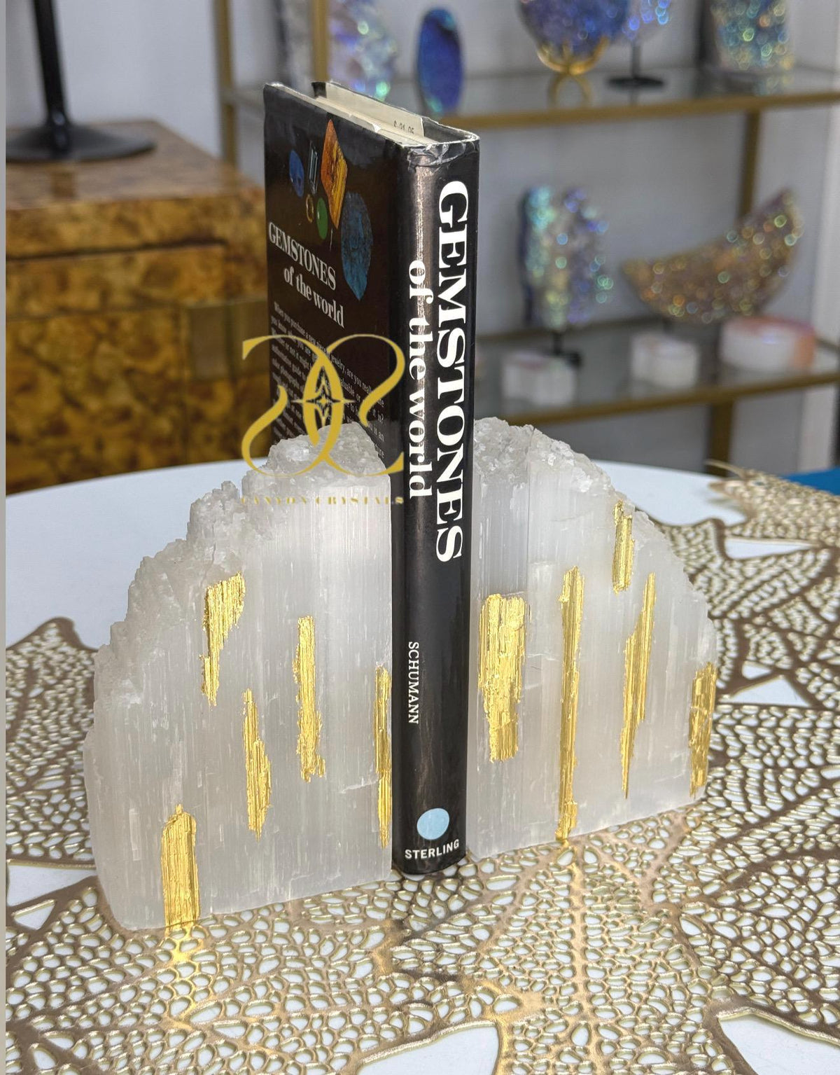 Custom Gold Leaf Selenite Bookends: Art Deco Library Decor
