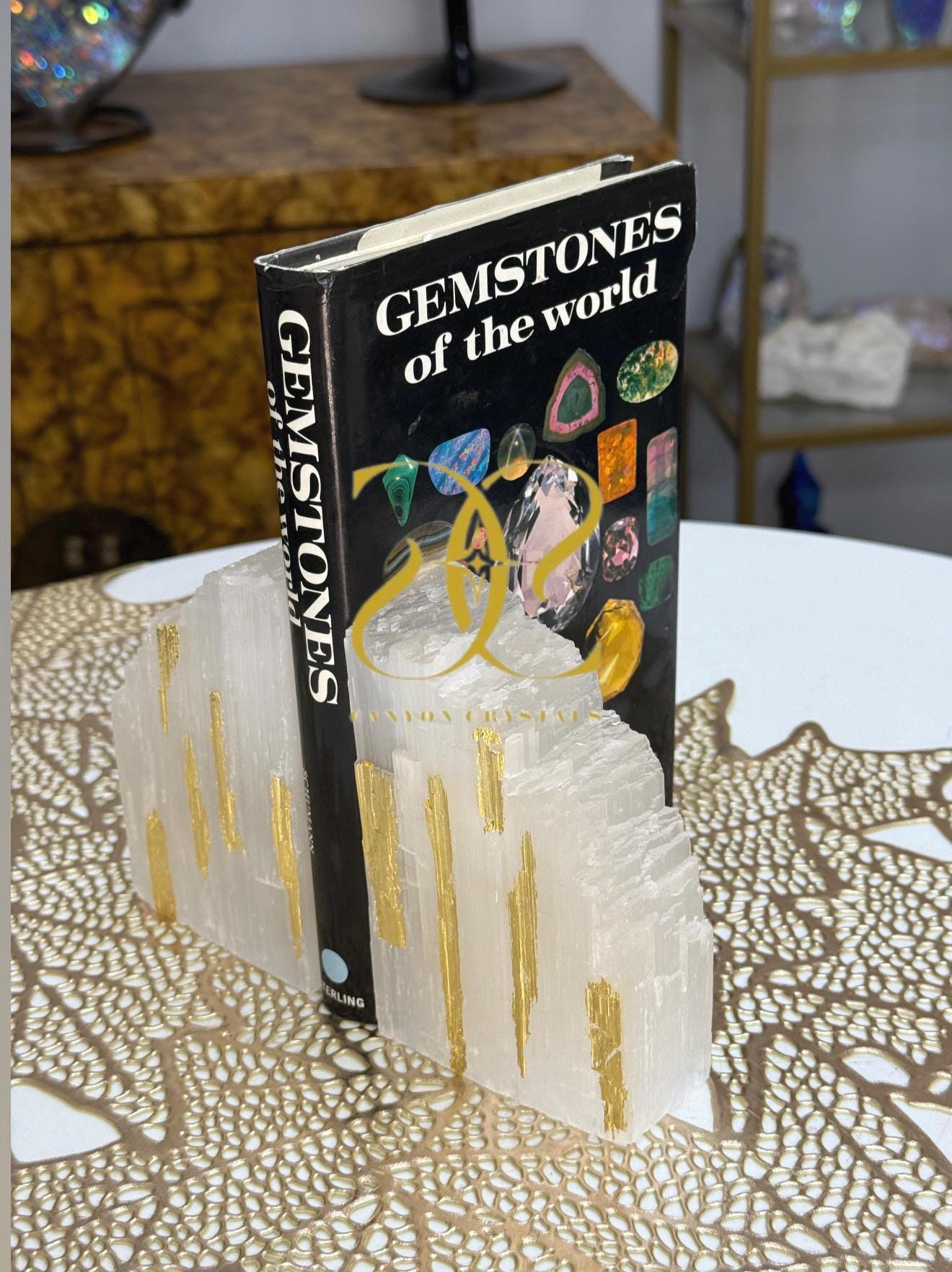 Elegant Gold Leaf Selenite Bookends, Gold Art Deco Bookends, Unique Library Decor, Art Deco Gold and White Decor, Elegant Wedding Gift idea