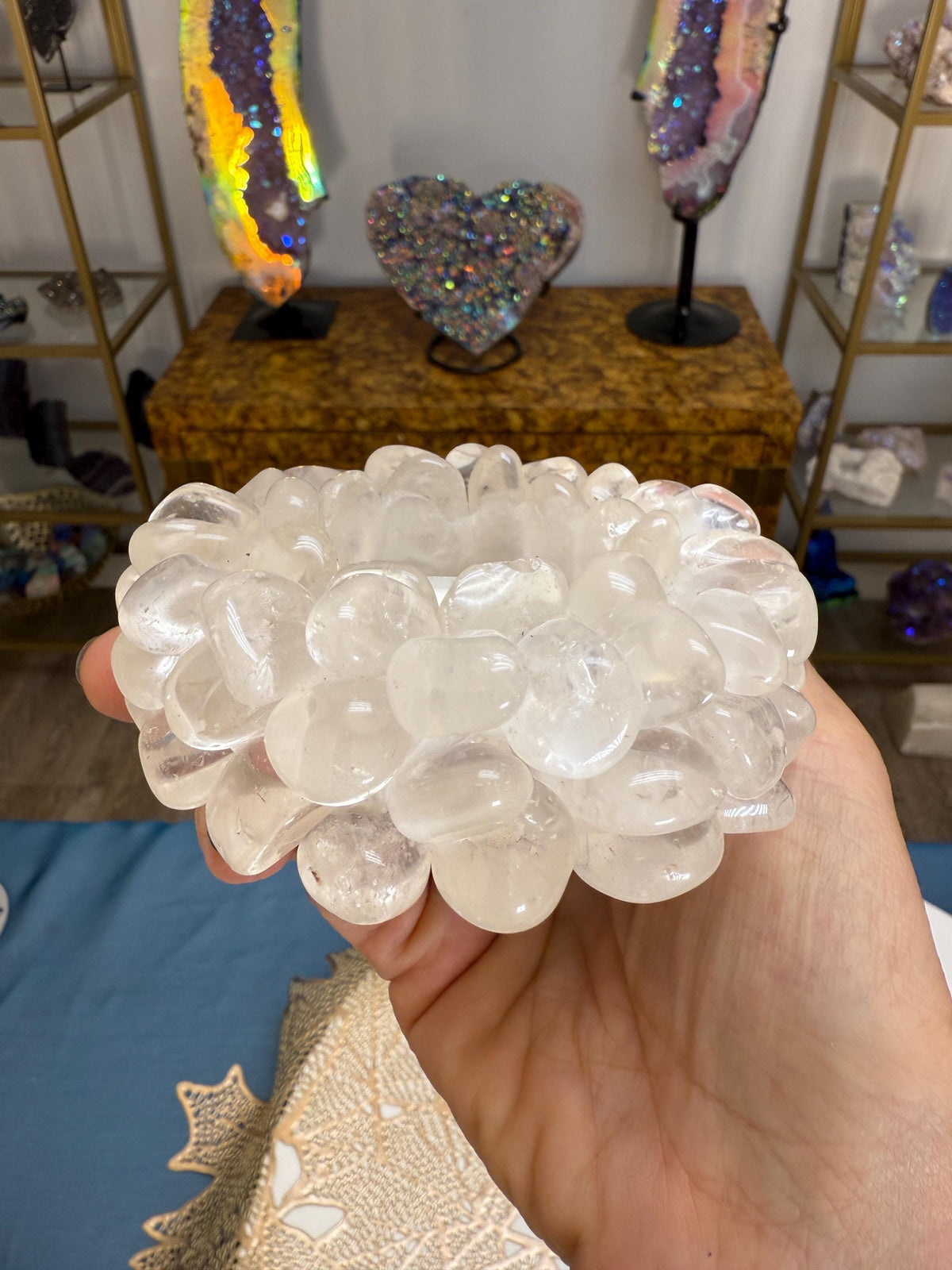 Quartz Crystal Candle Holder: Tumbled Gemstone Tea Light, Air Plant Decor