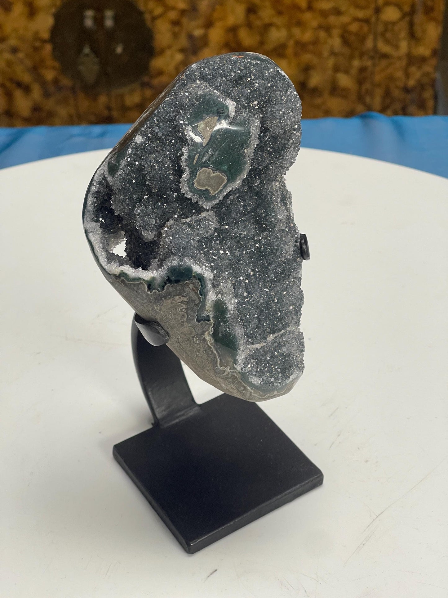 Gray Green Amethyst on stand, Green Amethyst Geode, Druzy Crystals, Home Accessories, Home Decor, Crystals on stands, Amethyst Decor