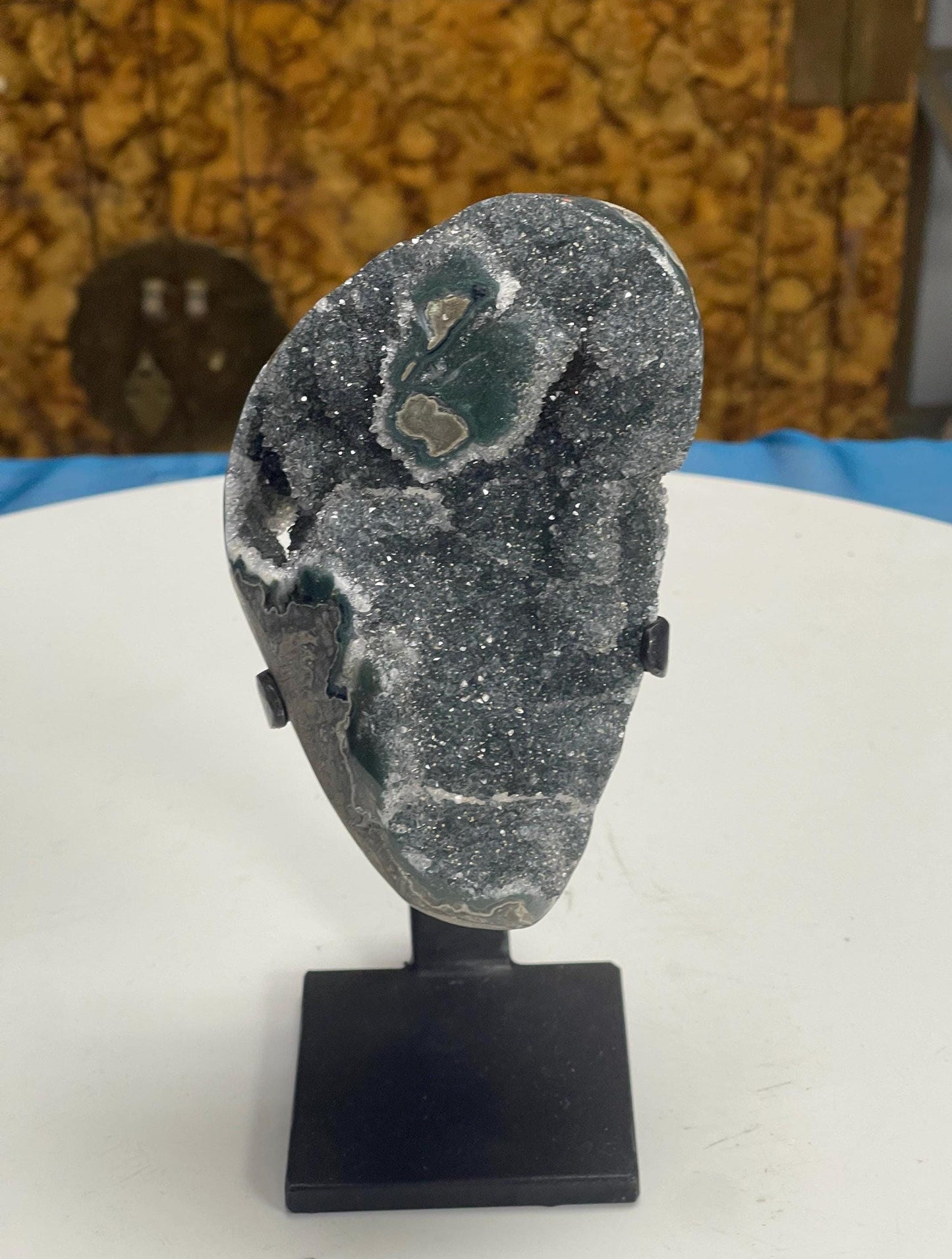 Gray Green Amethyst on stand, Green Amethyst Geode, Druzy Crystals, Home Accessories, Home Decor, Crystals on stands, Amethyst Decor