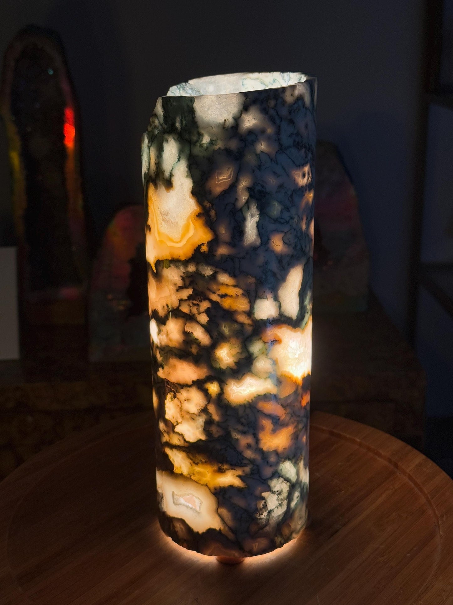 Hand-Carved Green Jasper Crystal Lamp: Natural Stone Column, Elegant Home Decor