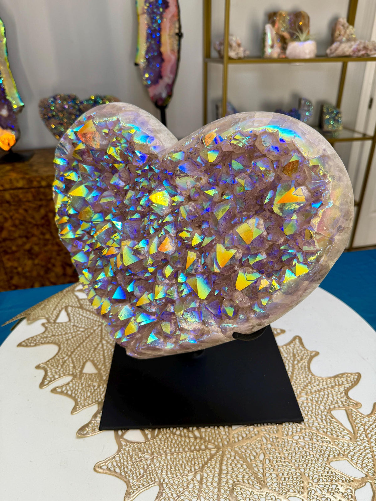 XL Aura Amethyst Heart, Collector Crystal Sculpture, Luxury Iridescent Gemstone Art, Rare Aura Quartz Heart Statement Crystal High End Decor