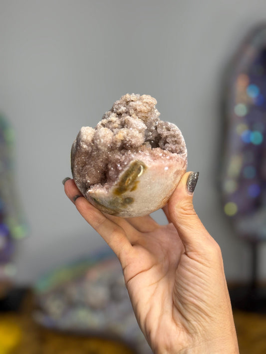 Pink Amethyst Sphere on Wooden Stand: Heart Healing Crystal Decor