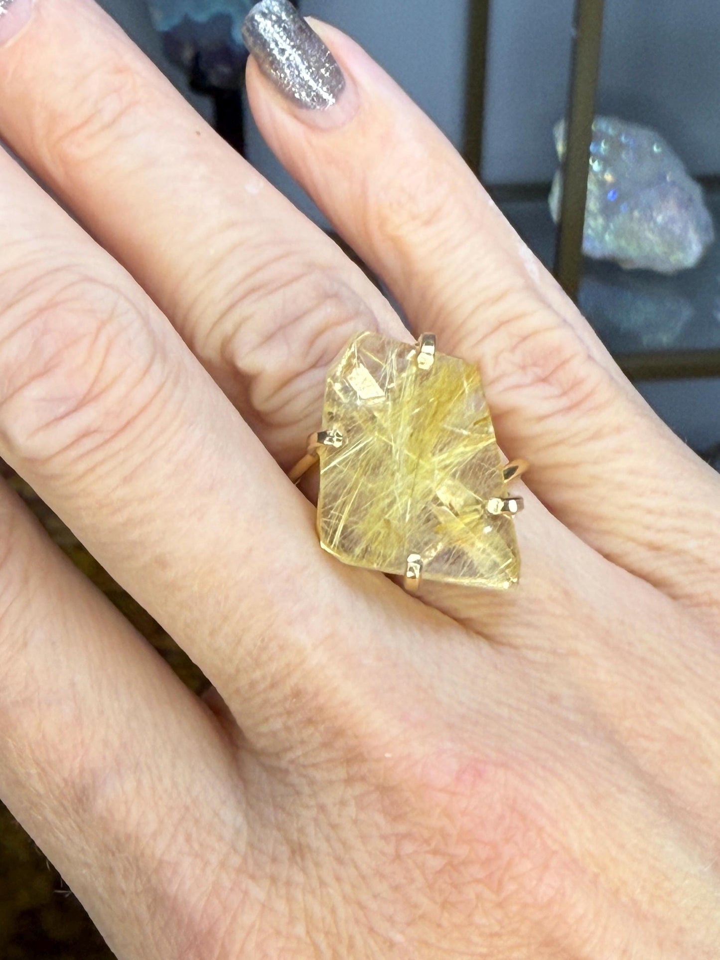 Rutilated Quartz Ring | Faceted Golden Rutile Adjustable Gold Plated Crystal Statement Ring | Luxury Healing Jewelry for Abundance & Power