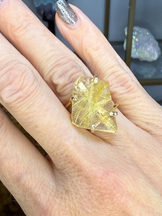 Rutilated Quartz Ring | Faceted Golden Rutile Adjustable Gold Plated Crystal Statement Ring | Luxury Healing Jewelry for Abundance & Power