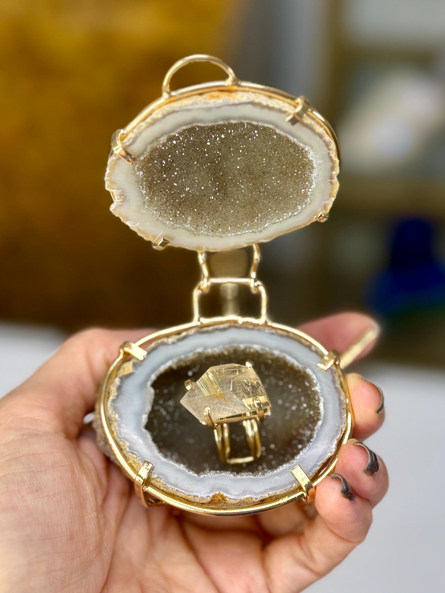 Gold Plated Rutile Quartz Statement Ring: Adjustable Crystal Healing Jewelry
