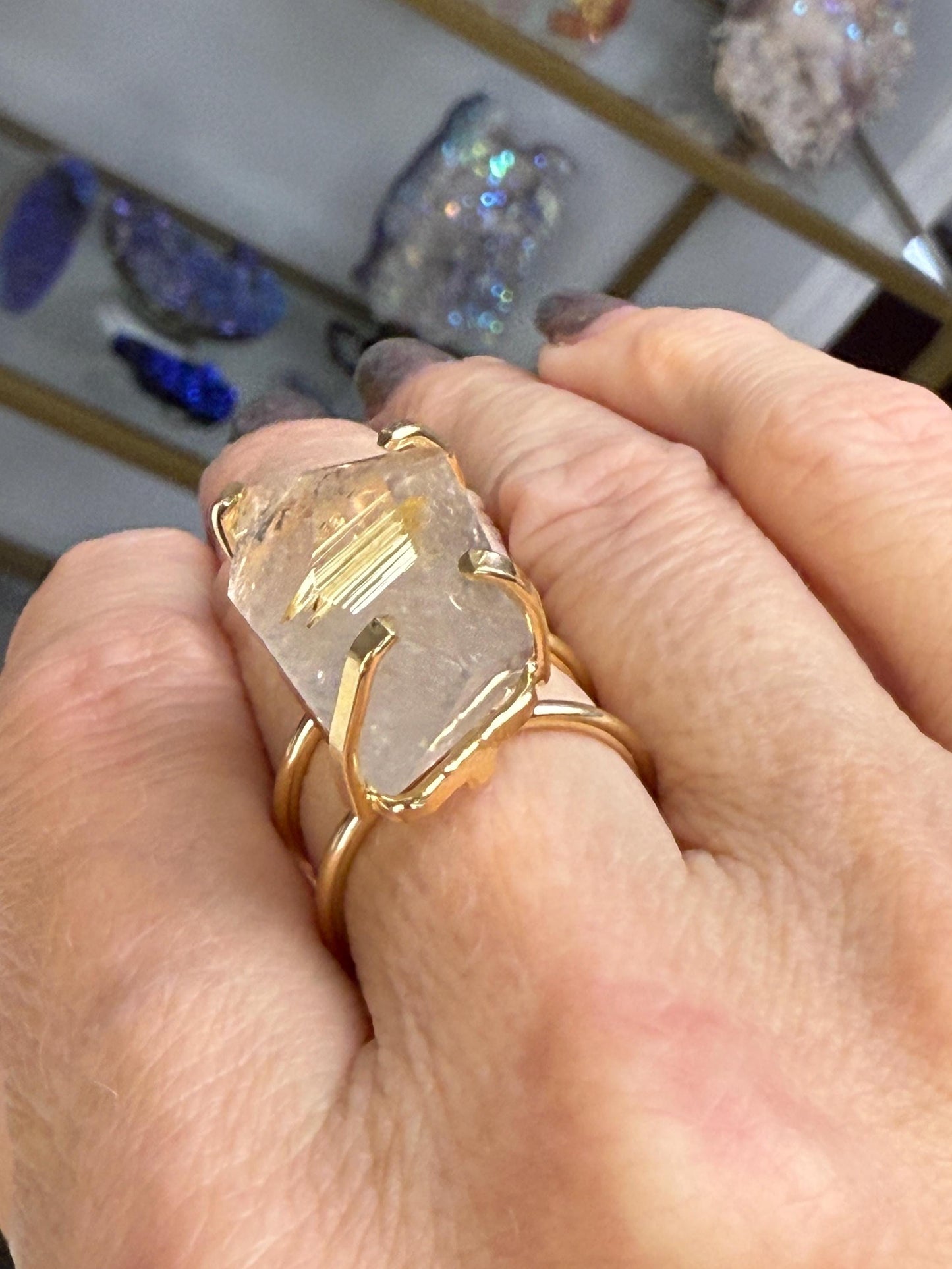Gold Plated Rutile Quartz Statement Ring: Adjustable Crystal Healing Jewelry