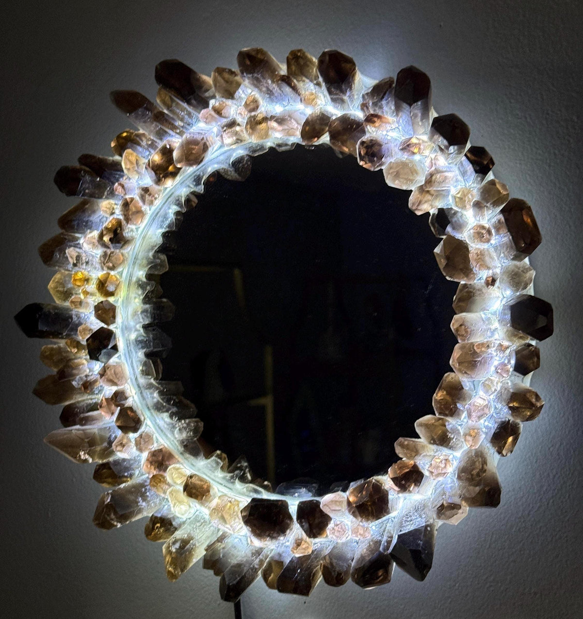 Smokey Quartz Light Up Mirror: Crystal Decor, Meditation Altar (12x12in)