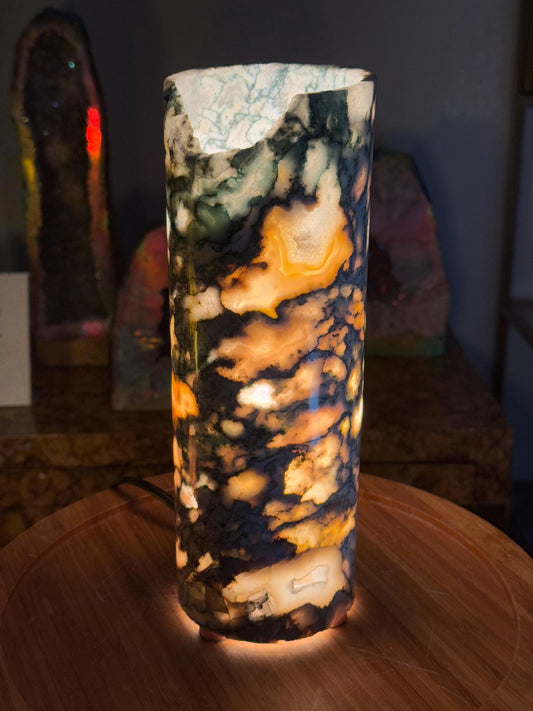 Hand-Carved Green Jasper Crystal Lamp: Natural Stone Column, Elegant Home Decor