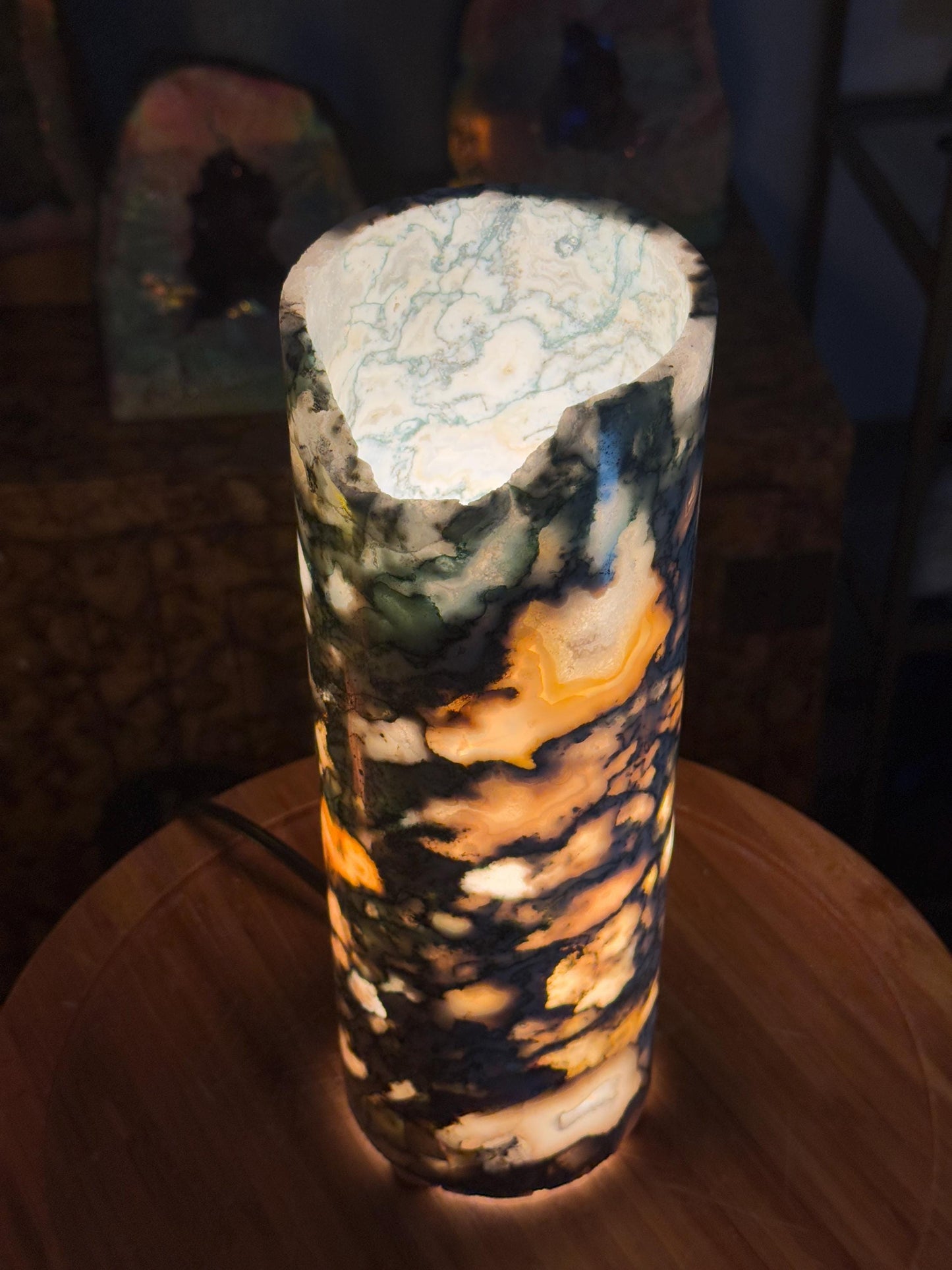 Hand-Carved Green Jasper Crystal Lamp: Natural Stone Column, Elegant Home Decor