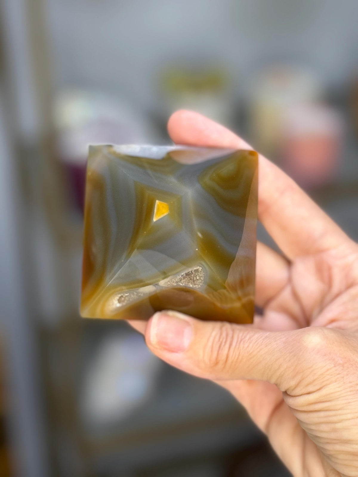 Polished Agate Pyramid with Druzy Caves: Reiki Feng Shui Decor