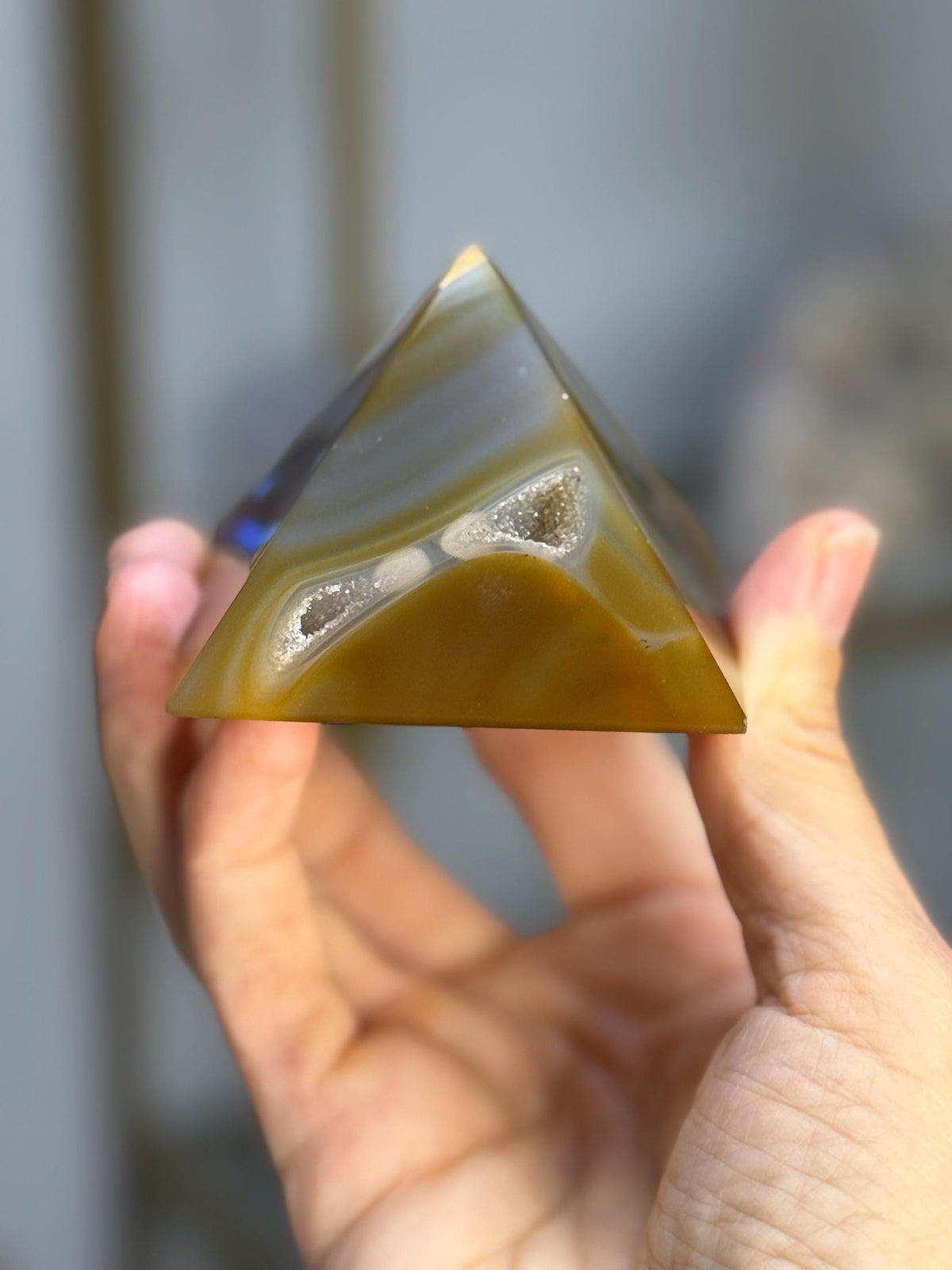 Polished Agate Pyramid with Druzy Caves: Reiki Feng Shui Decor