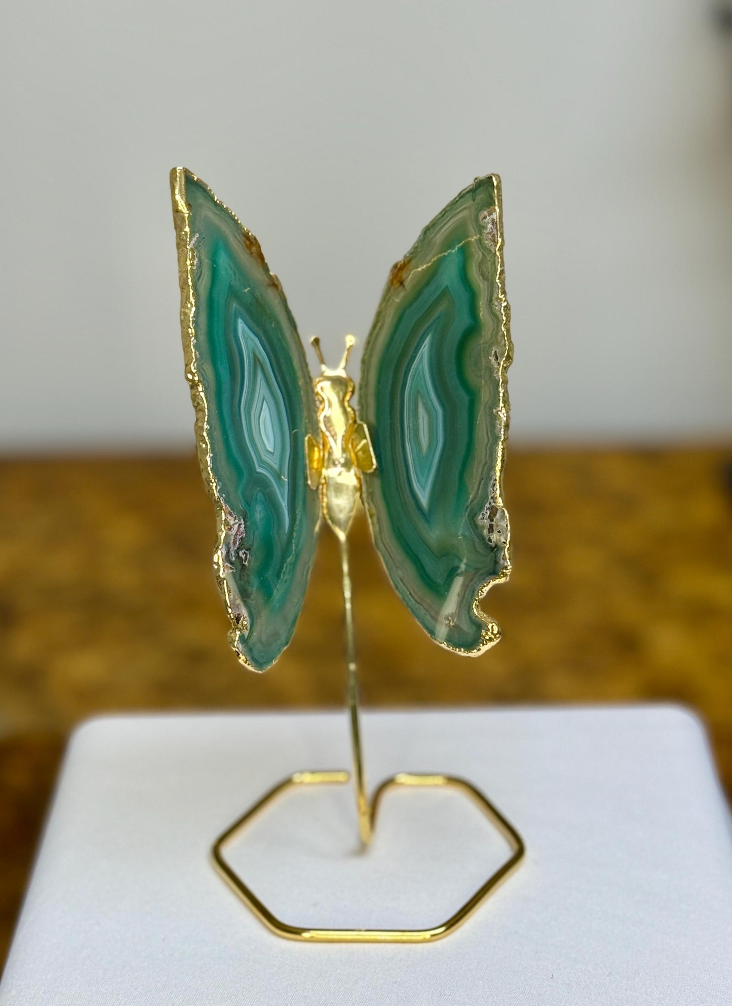 Gold Plated Green Agate Butterfly on Stand, Crystal Butterfly, Agate Slice Butterfly, Crystal Home Decor, Gift for Butterfly Lover