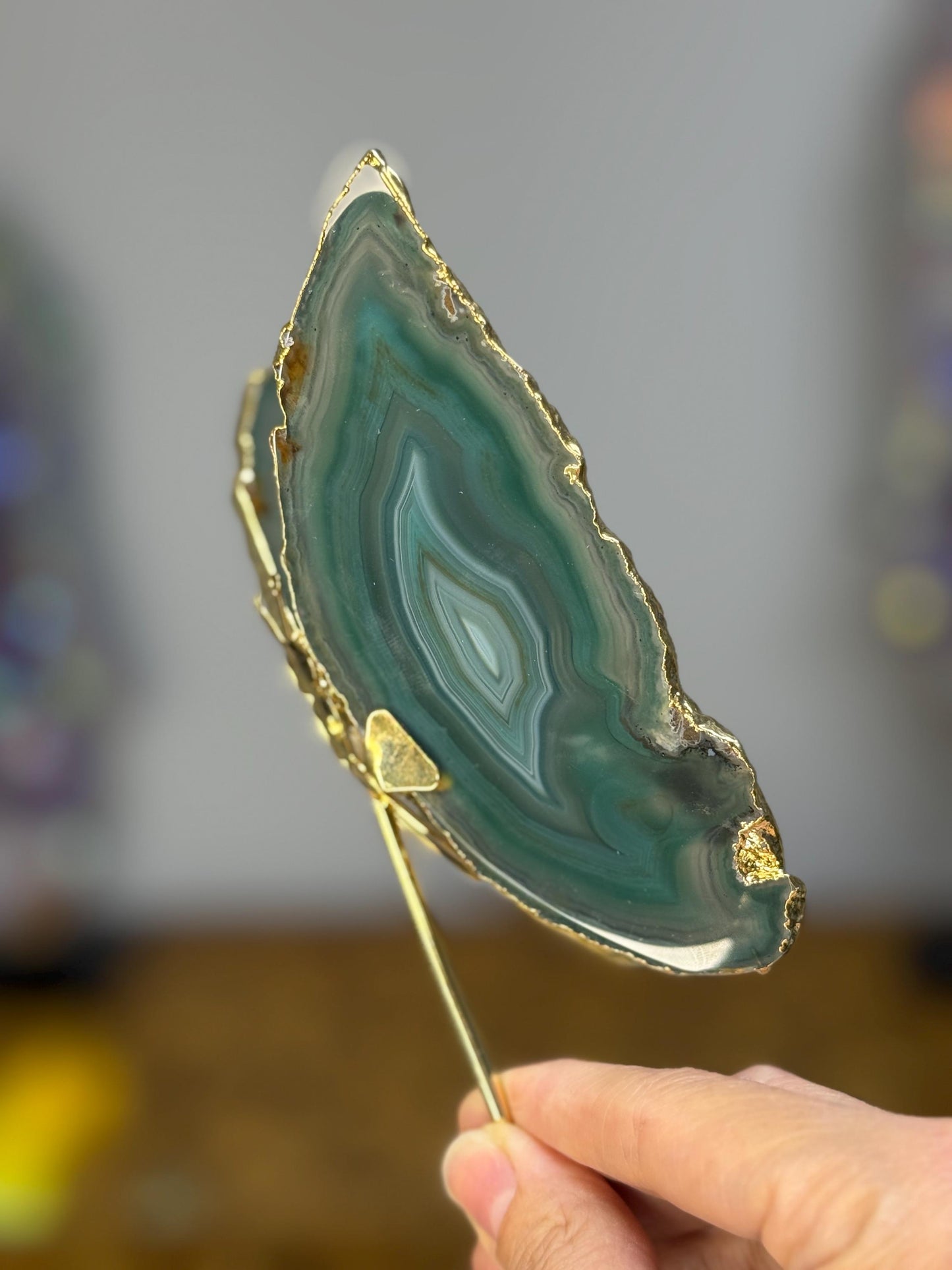 Gold Plated Green Agate Butterfly on Stand, Crystal Butterfly, Agate Slice Butterfly, Crystal Home Decor, Gift for Butterfly Lover