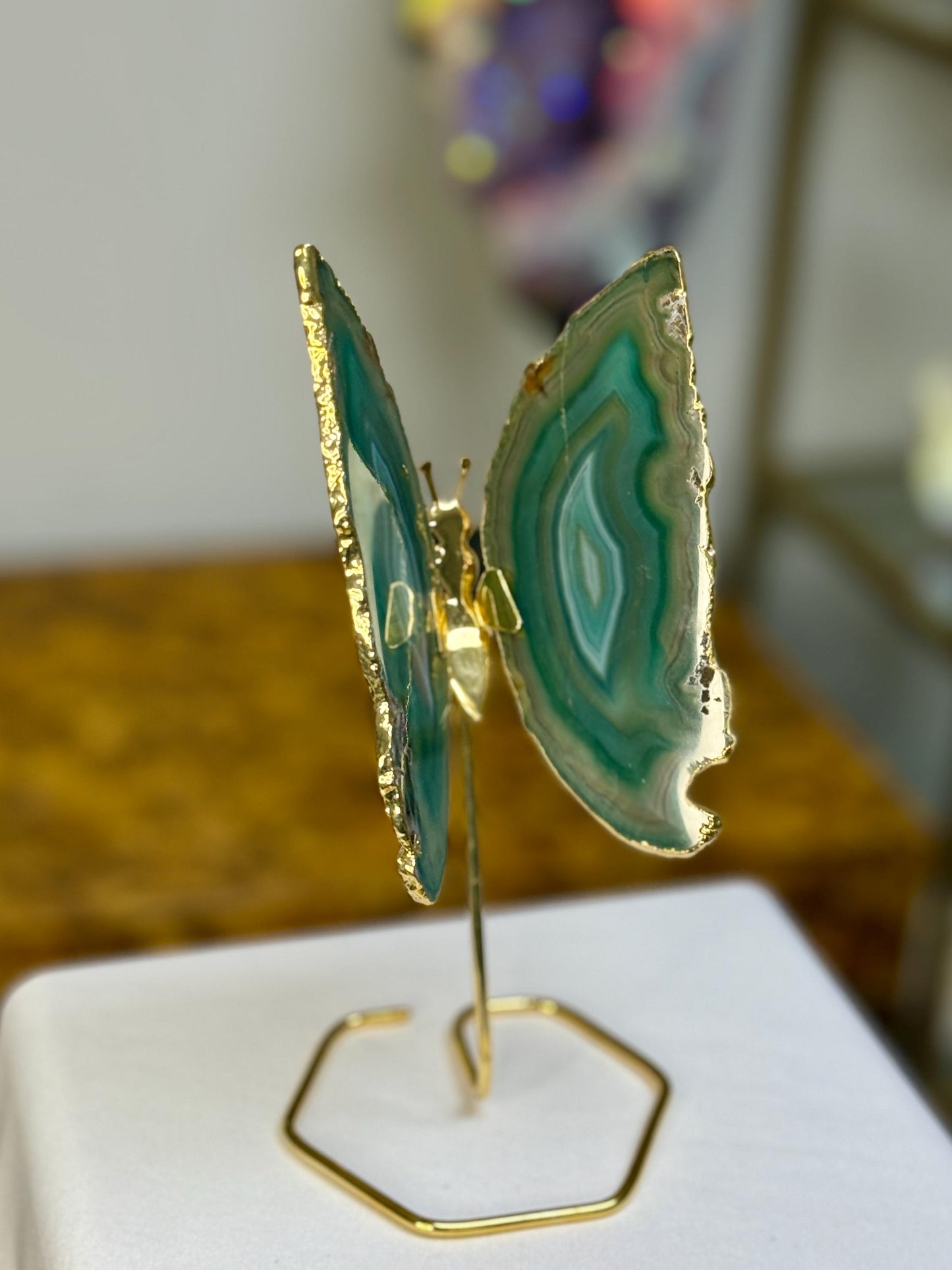 Gold Plated Green Agate Butterfly on Stand, Crystal Butterfly, Agate Slice Butterfly, Crystal Home Decor, Gift for Butterfly Lover