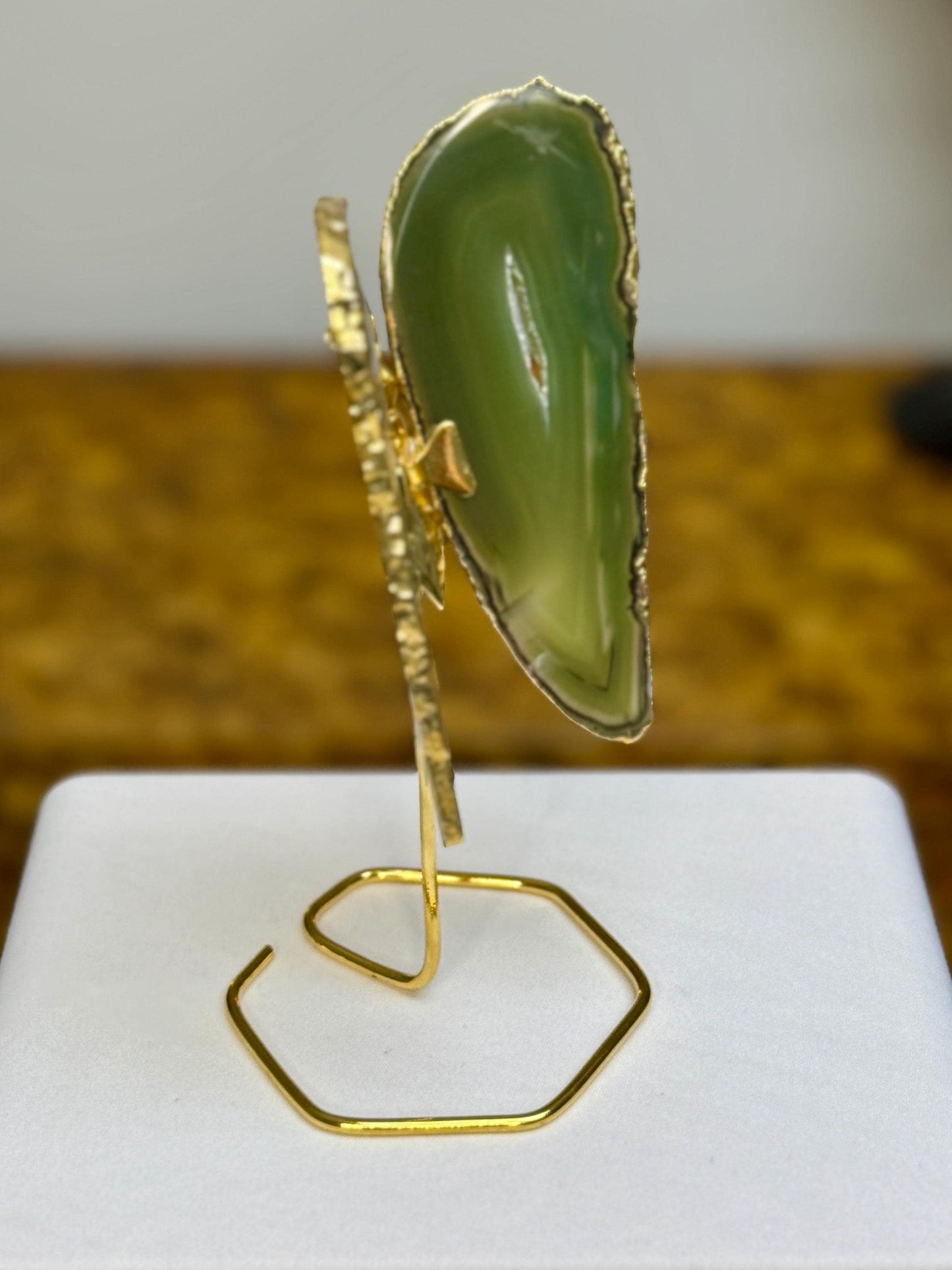 Green Agate Butterfly on Gold Stand, Gold Plated Agate Slice Butterfly, Crystal Butterfly Home Decor, Gift for Butterfly Lover