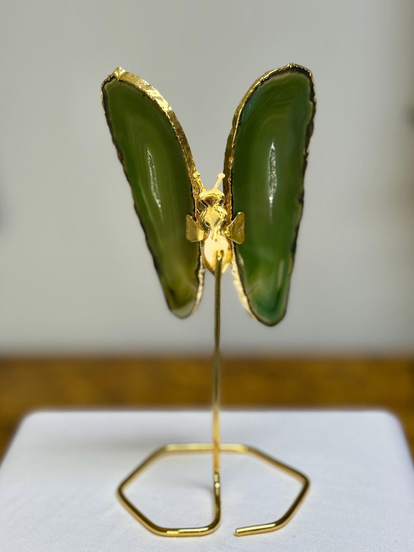 Green Agate Butterfly on Gold Stand, Gold Plated Agate Slice Butterfly, Crystal Butterfly Home Decor, Gift for Butterfly Lover