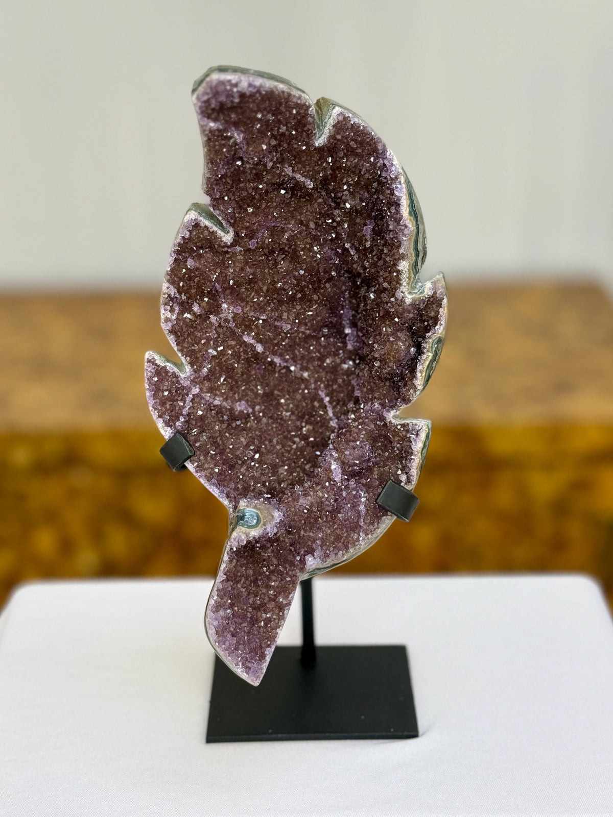 Amethyst Leaf Crystal on Stand, Red Jasper Edges, Home Decor