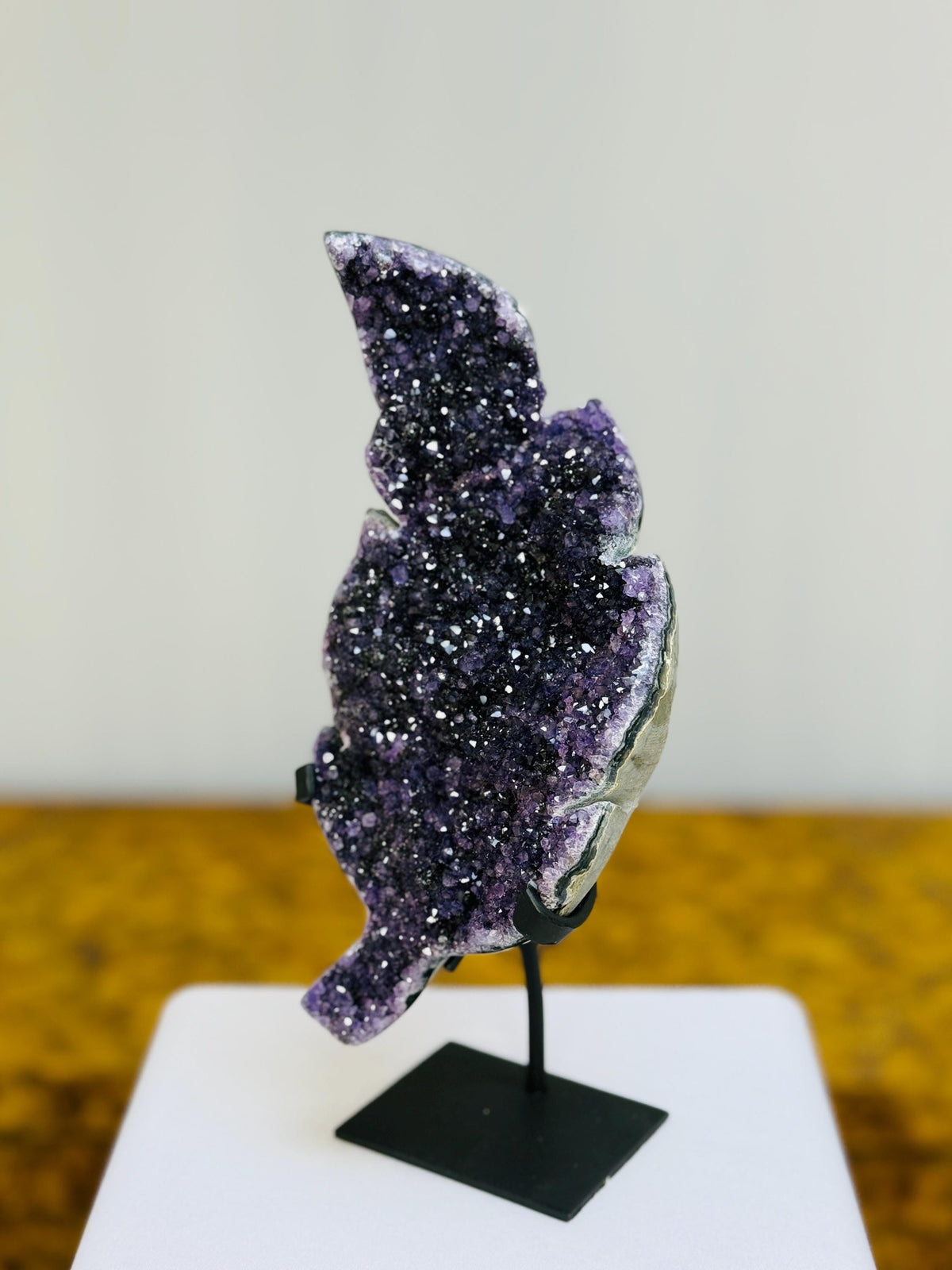 Amethyst Leaf Crystal on Stand: Polished Edges, Home Decor