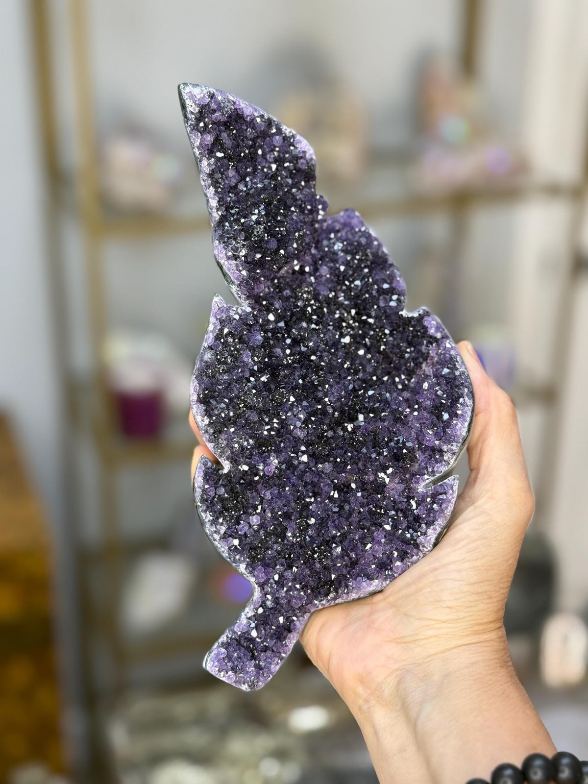 Amethyst Leaf Crystal on Stand: Polished Edges, Home Decor