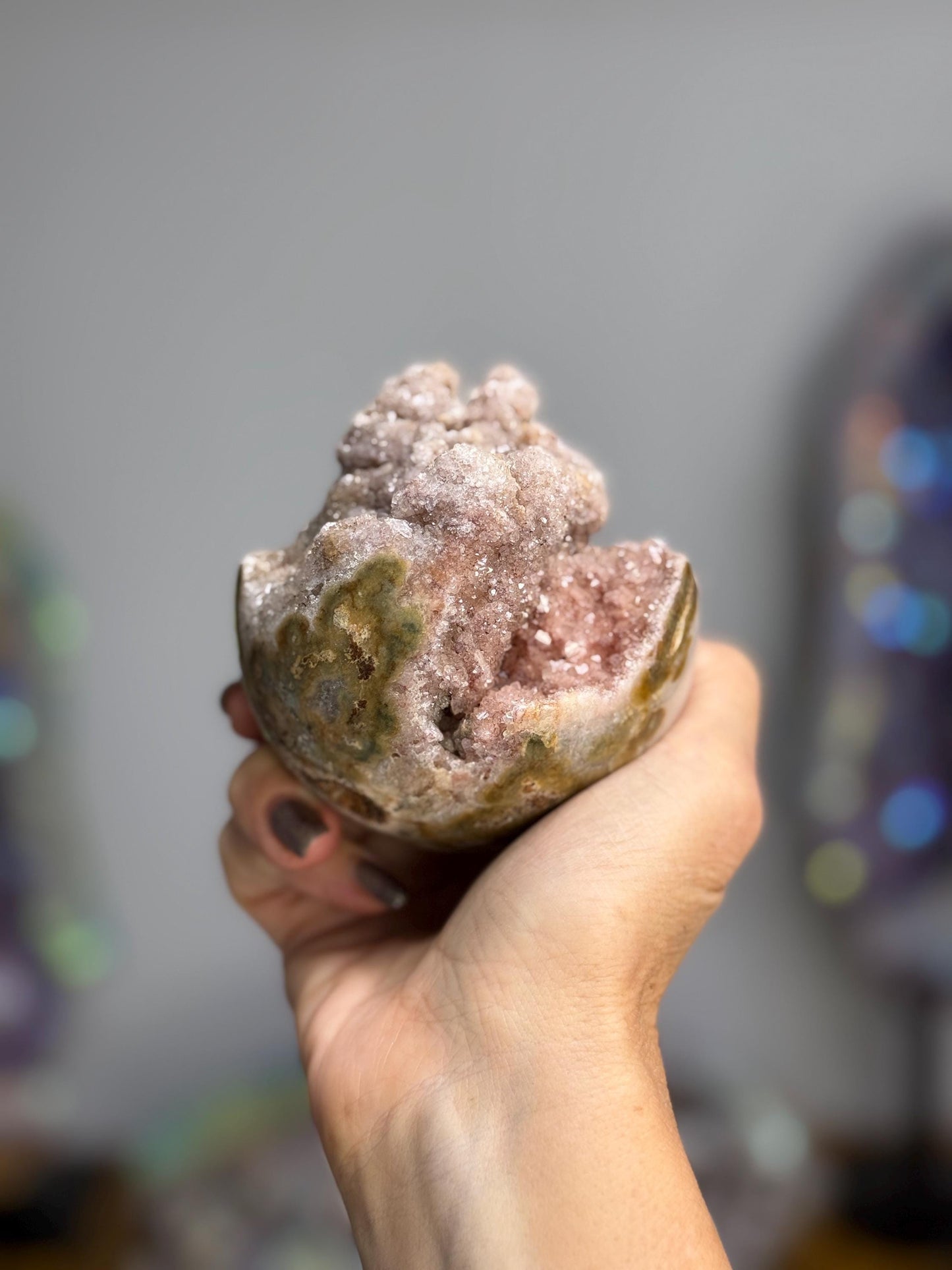 Pink Amethyst Sphere on Wooden Stand: Heart Healing Crystal Decor