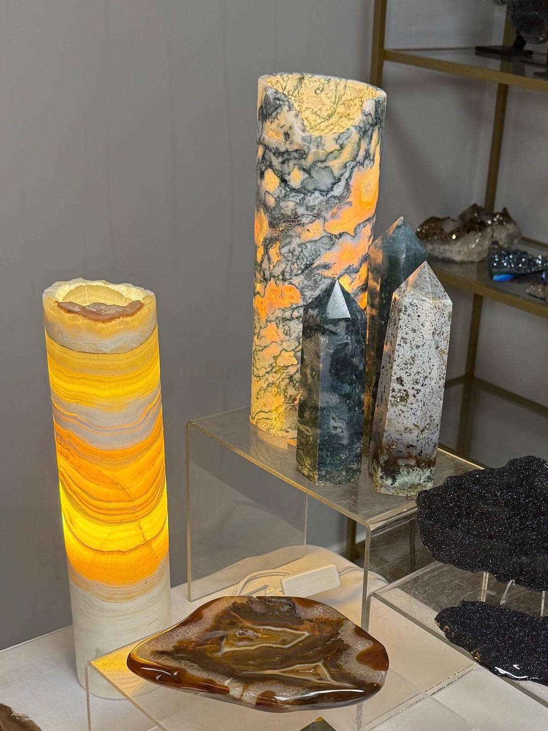 Hand-Carved Green Jasper Crystal Lamp: Natural Stone Column, Elegant Home Decor