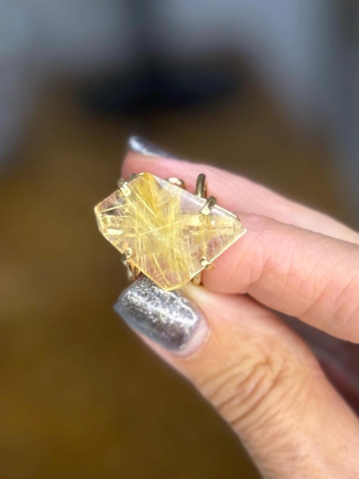 Rutilated Quartz Ring | Faceted Golden Rutile Adjustable Gold Plated Crystal Statement Ring | Luxury Healing Jewelry for Abundance & Power