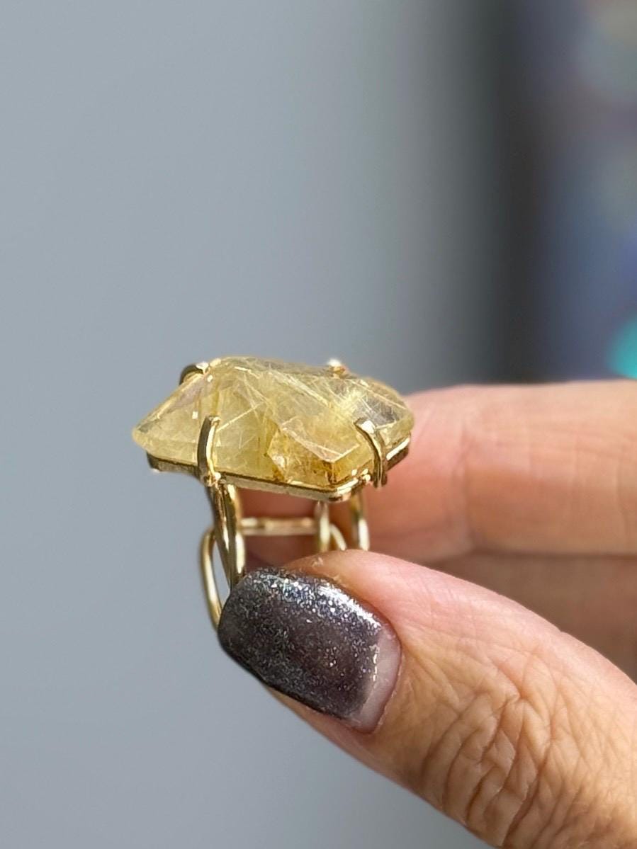Rutilated Quartz Ring | Faceted Golden Rutile Adjustable Gold Plated Crystal Statement Ring | Luxury Healing Jewelry for Abundance & Power