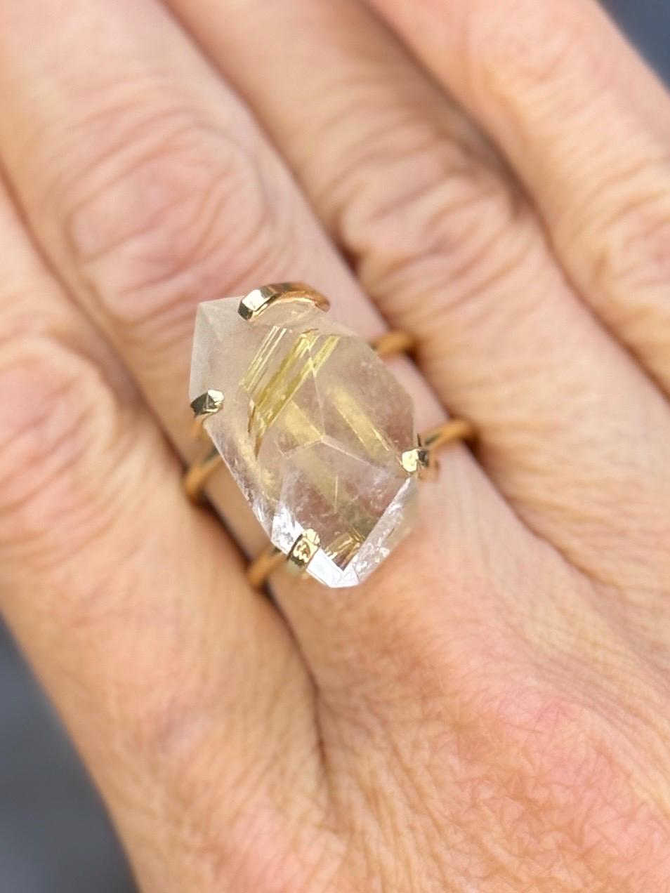 Gold Plated Rutile Quartz Statement Ring: Adjustable Crystal Healing Jewelry