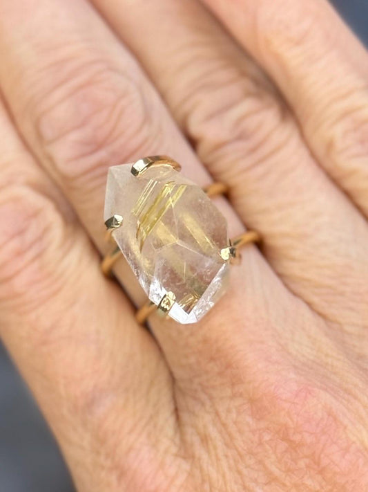 Gold Plated Rutile Quartz Statement Ring: Adjustable Crystal Healing Jewelry