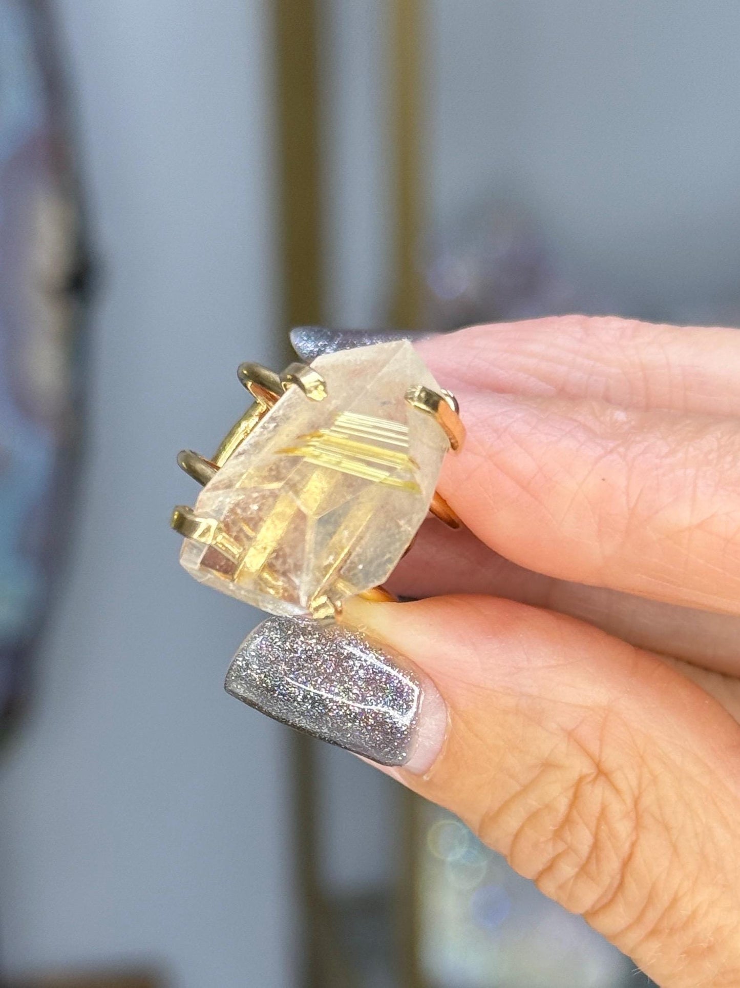 Gold Plated Rutile Quartz Statement Ring: Adjustable Crystal Healing Jewelry