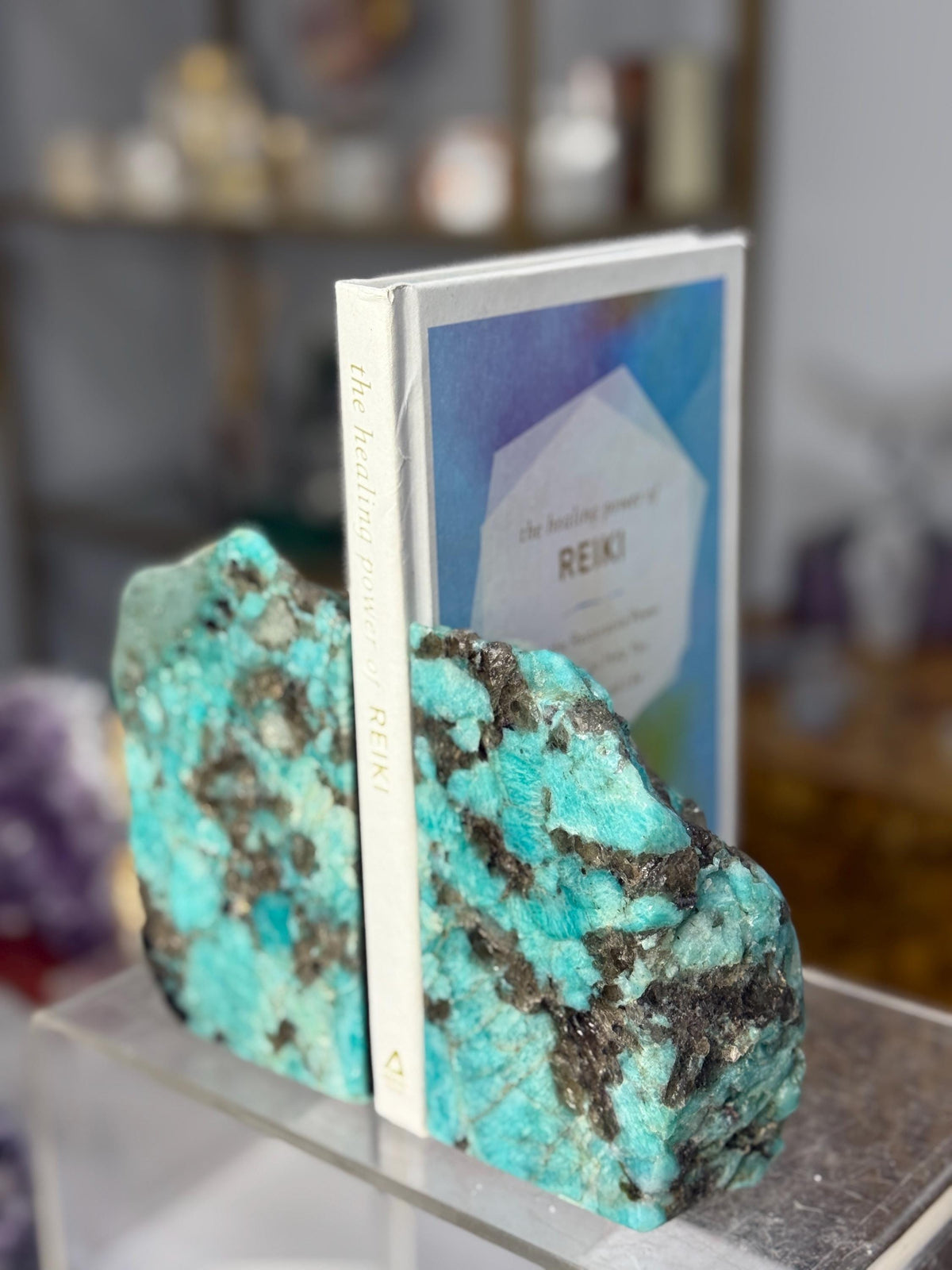 Amazonite Bookends: Natural Gemstone Shelf Decor, Healing Stone Gift