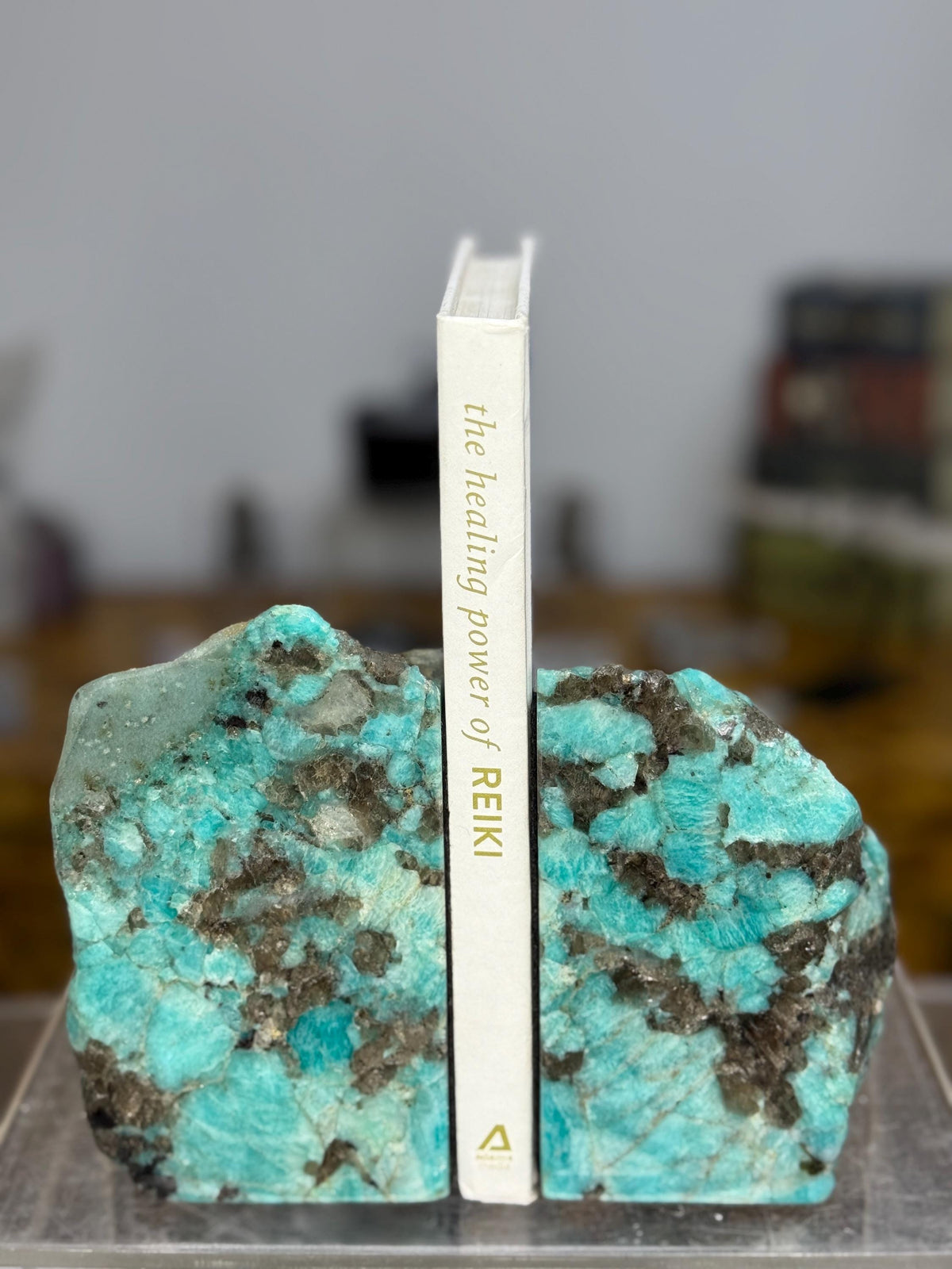 Amazonite Bookends: Natural Gemstone Shelf Decor, Healing Stone Gift