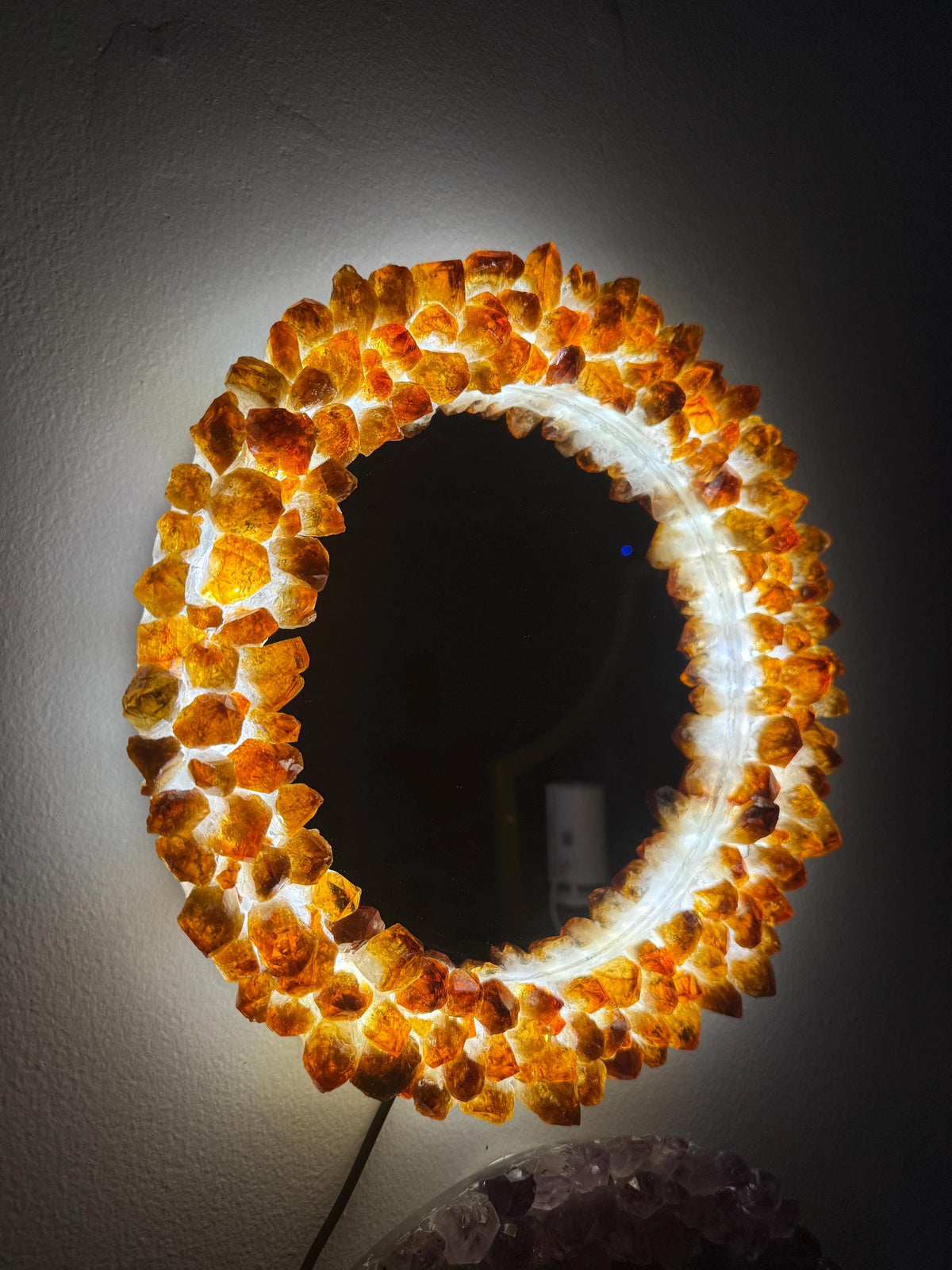 Citrine Crystal Light Up Mirror: Reiki Charged, 12" Wall Decor