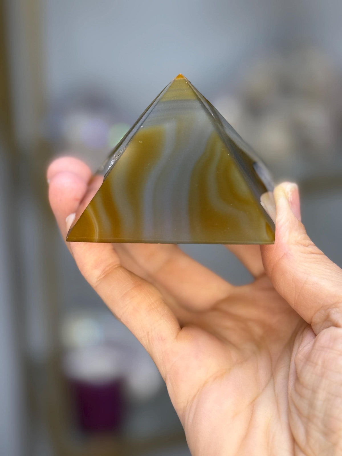 Polished Agate Pyramid with Druzy Caves: Reiki Feng Shui Decor
