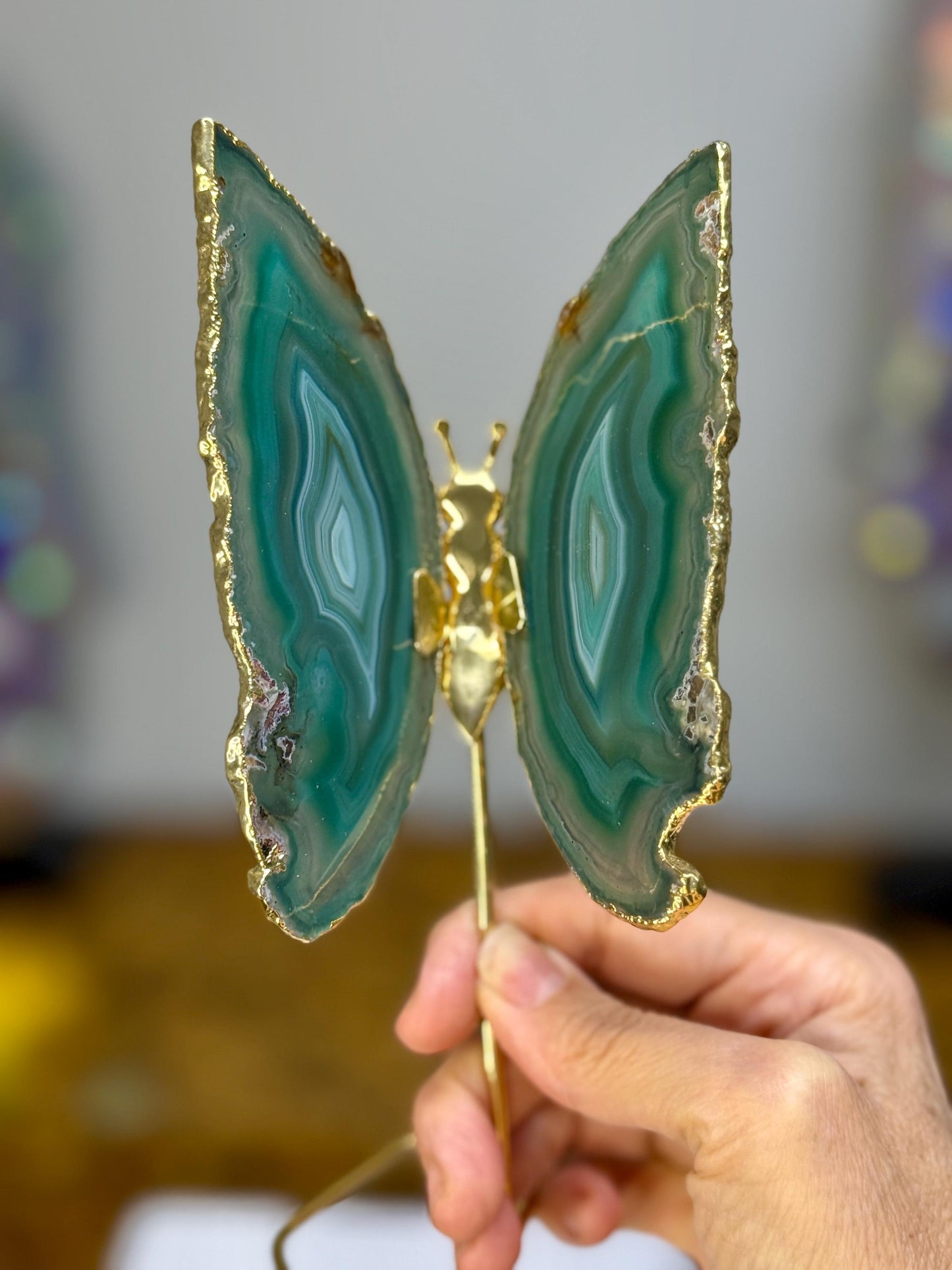 Gold Plated Green Agate Butterfly on Stand, Crystal Butterfly, Agate Slice Butterfly, Crystal Home Decor, Gift for Butterfly Lover