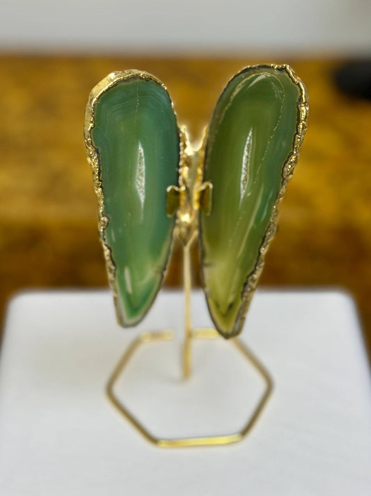 Green Agate Butterfly on Gold Stand, Gold Plated Agate Slice Butterfly, Crystal Butterfly Home Decor, Gift for Butterfly Lover